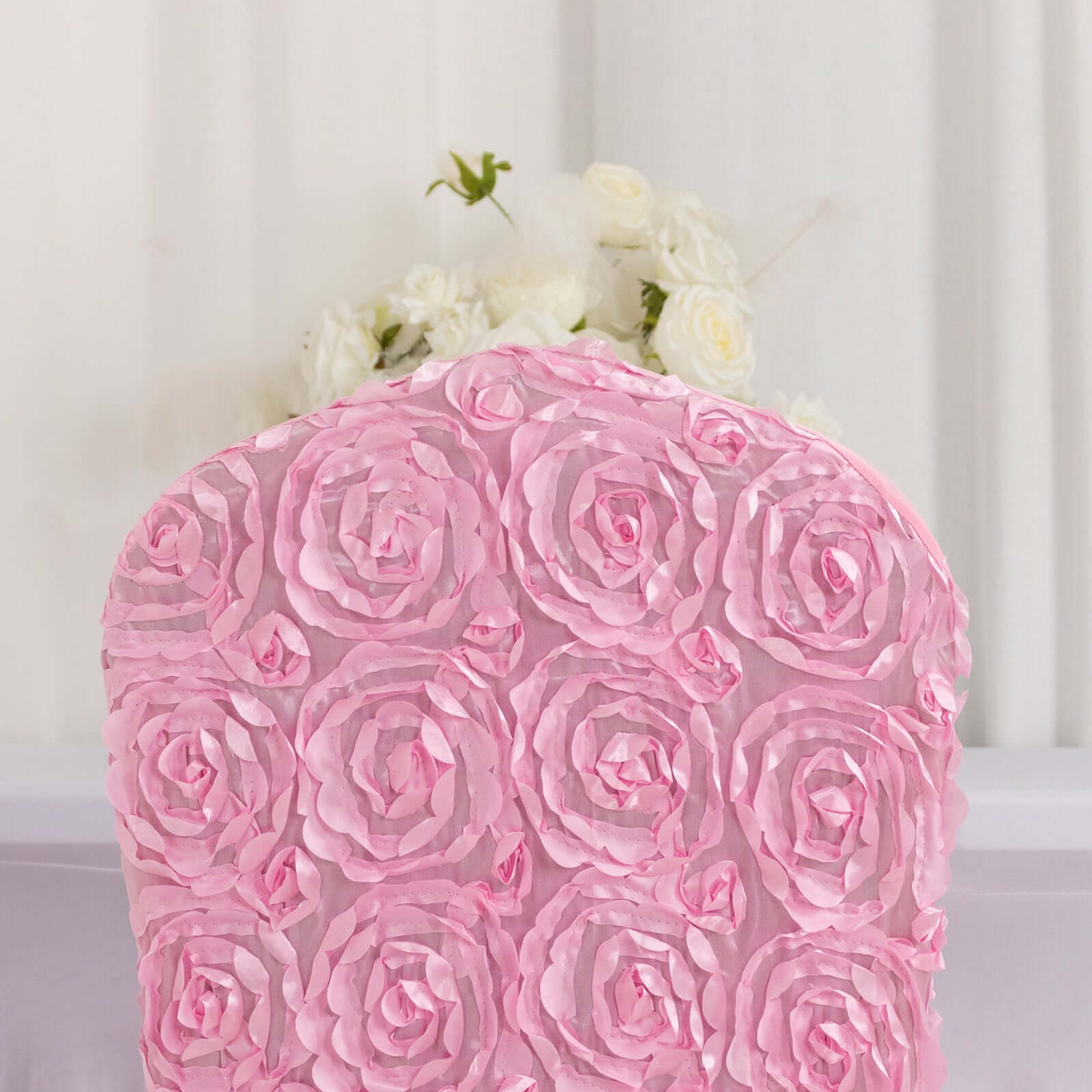 Hot Sale! Pink Stretch Fitted Satin Rosette Slip-On Chair Cover for Banquet Chairs
