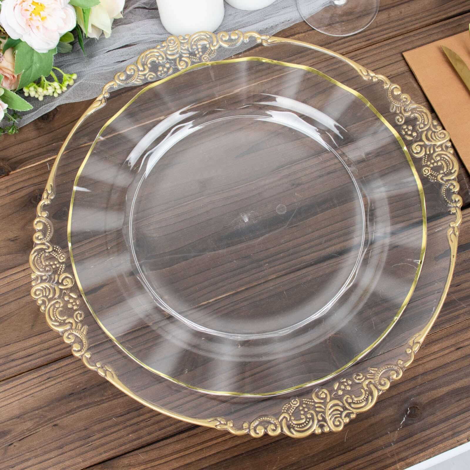 10-Pack Clear Plastic Round Dinner Plates with Gold Edging - Sturdy Disposable Delight