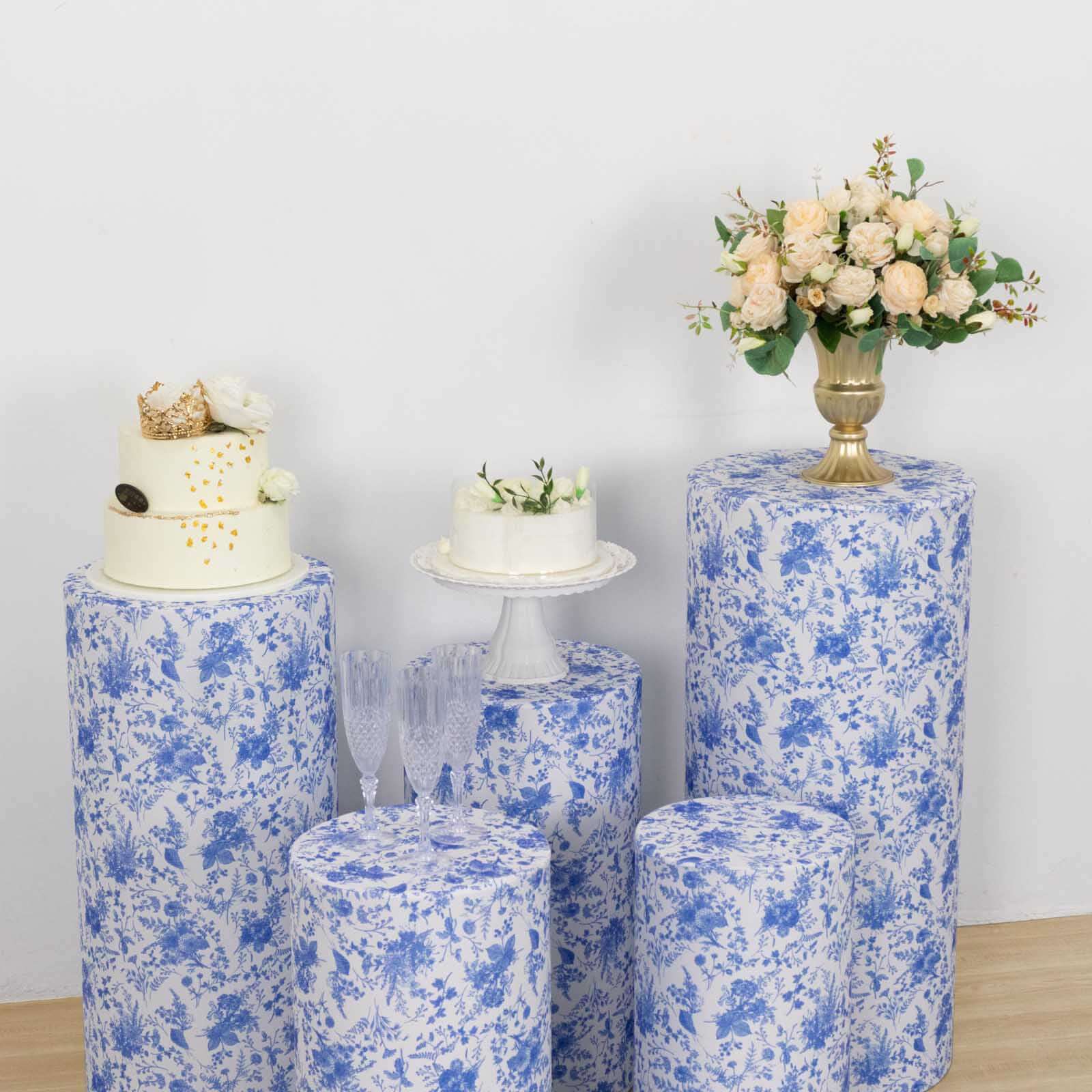 5-Piece Set of Stretchable White and Blue French Toile Floral Spandex Cylinder Pedestal Stand Covers, 160 GSM