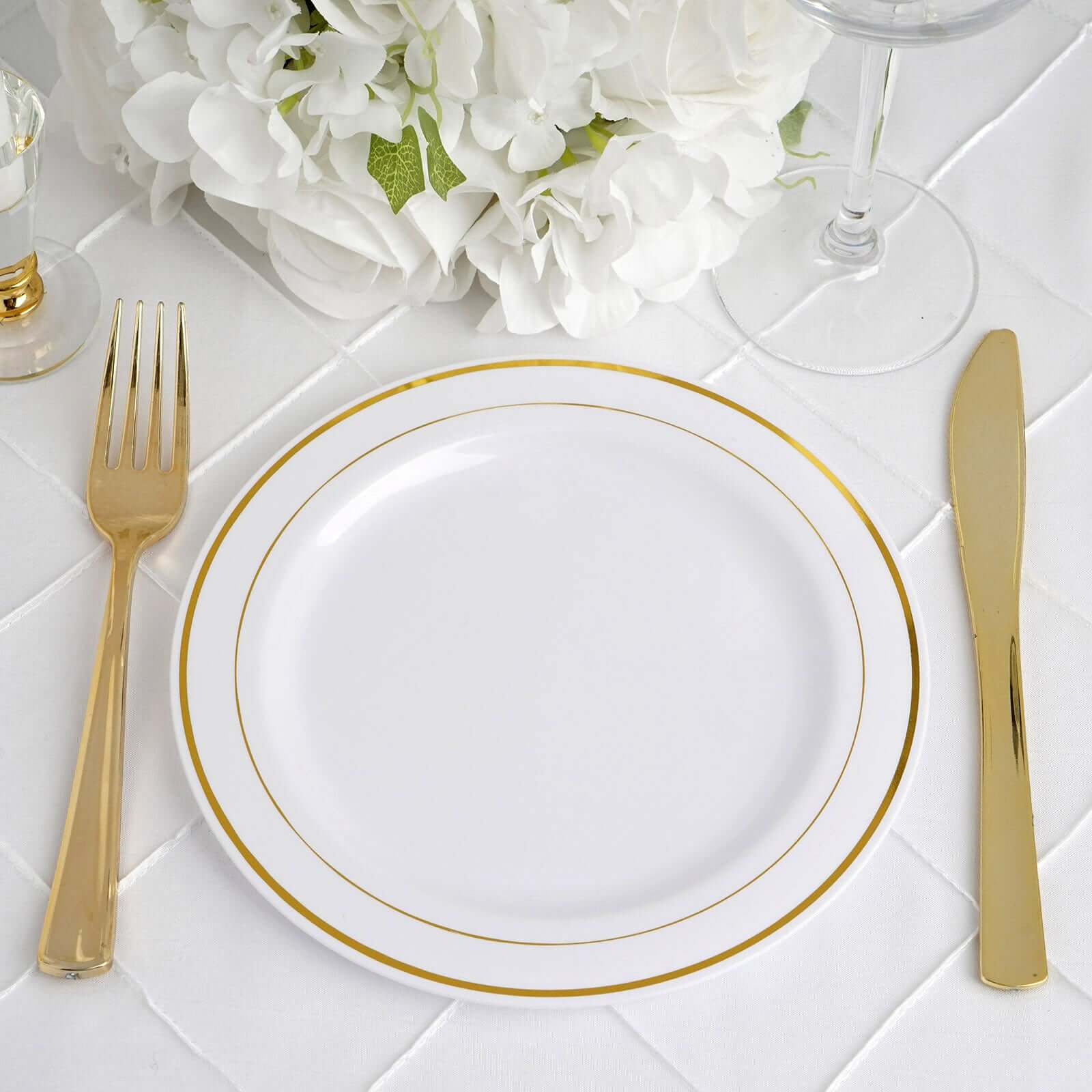 Hot Deal! 10-Pack 8" Disposable White Plastic Dessert Plates with Gold Rim for Parties