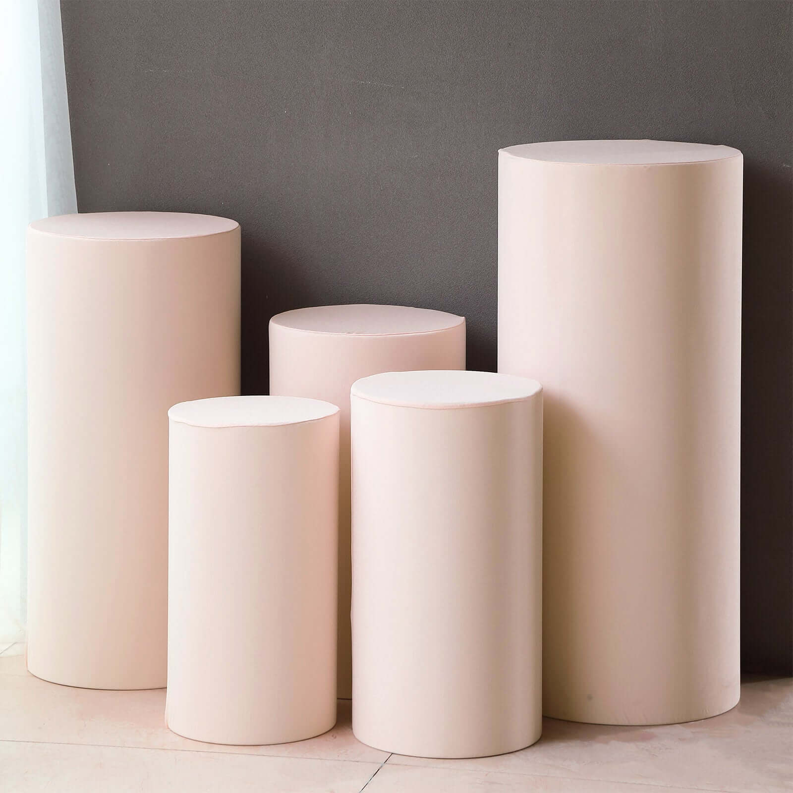 Hot Sale! Set of 5 Blush Spandex Stretchable Cylinder Pedestal Stand Covers, 160 GSM