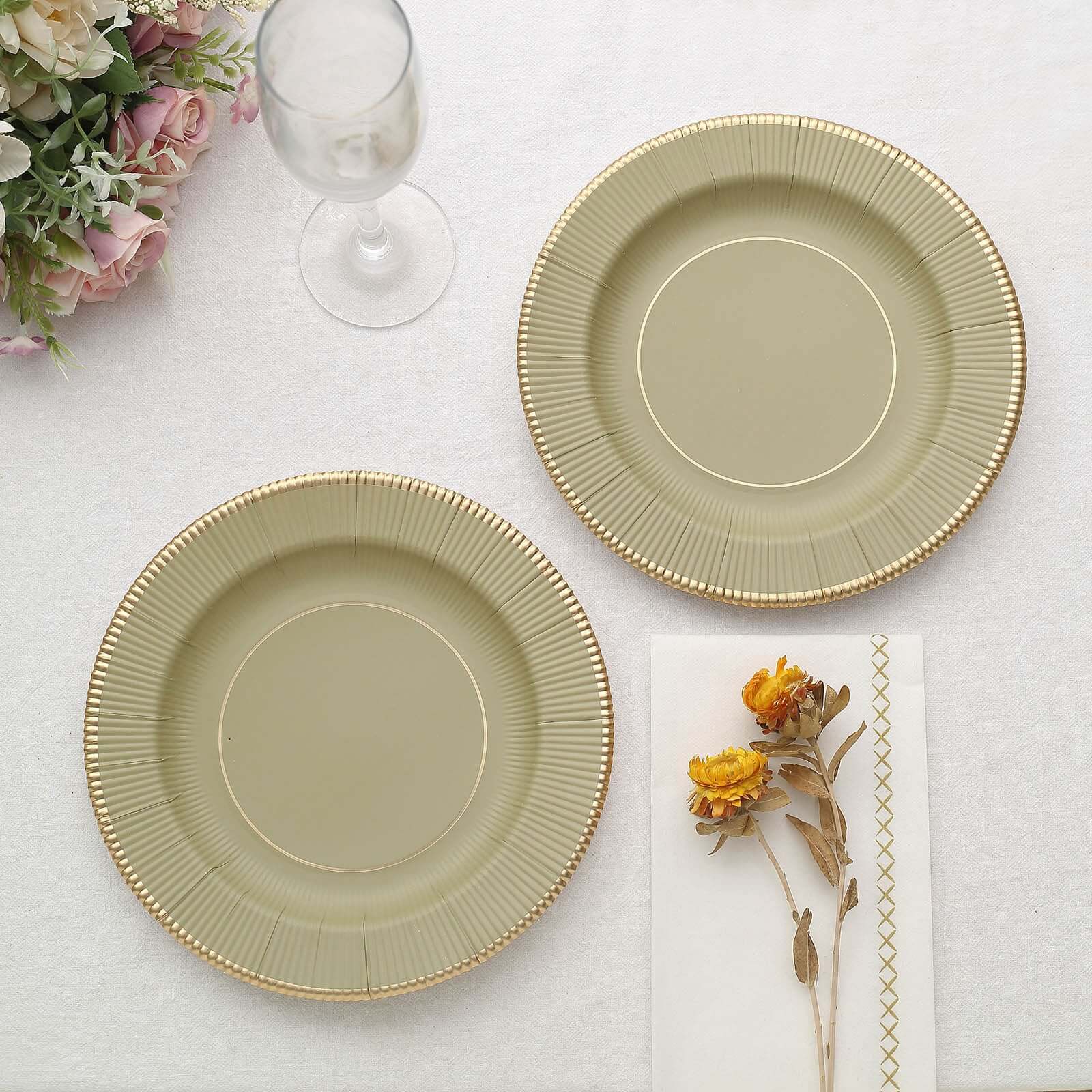 25-Pack Disposable 8-Inch Round Khaki Sunray Dessert Plates with Gold Rim - Heavy Duty 350GSM