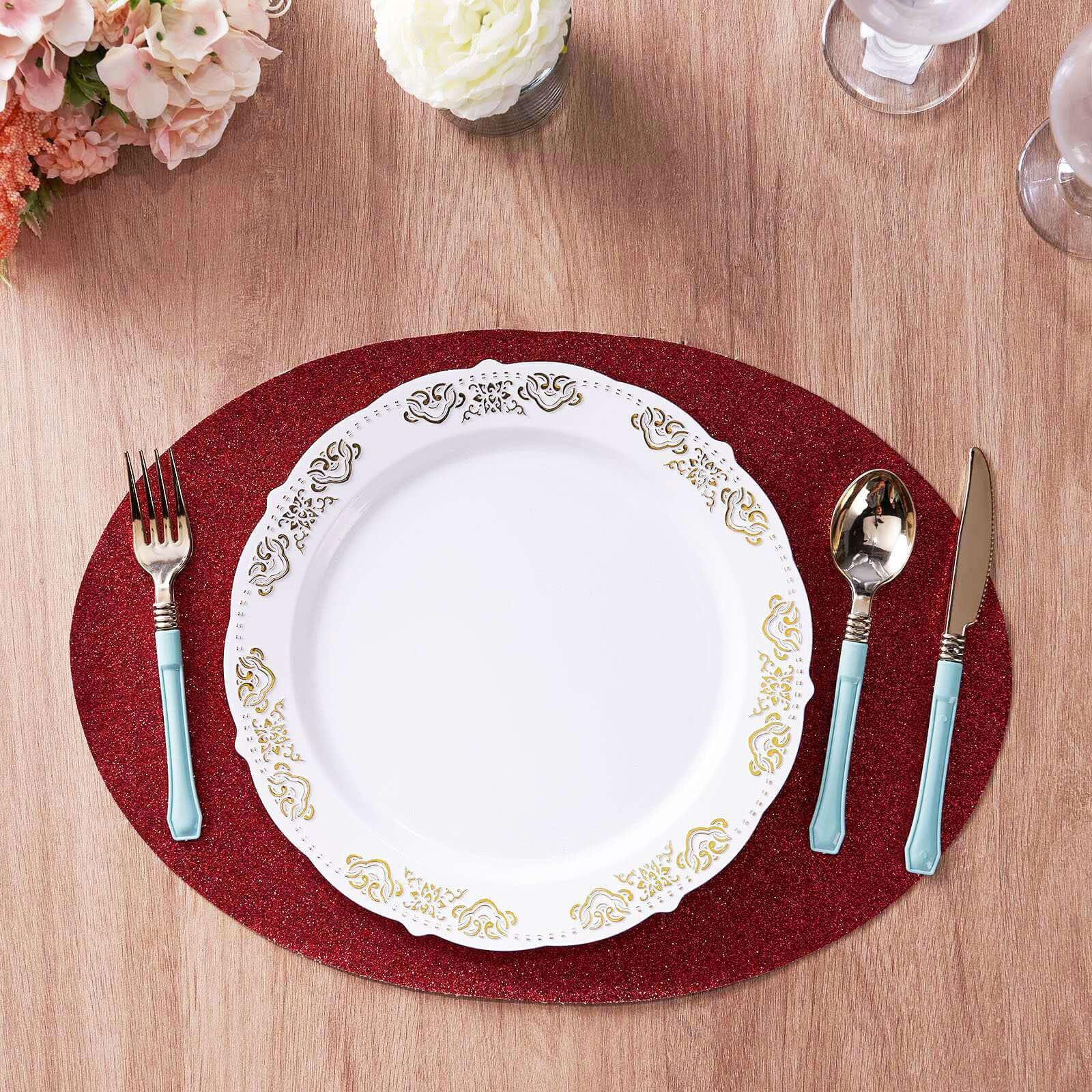 Hot! 6-Pack Burgundy Glitter Oval Non-Slip Dining Placemats 12x18