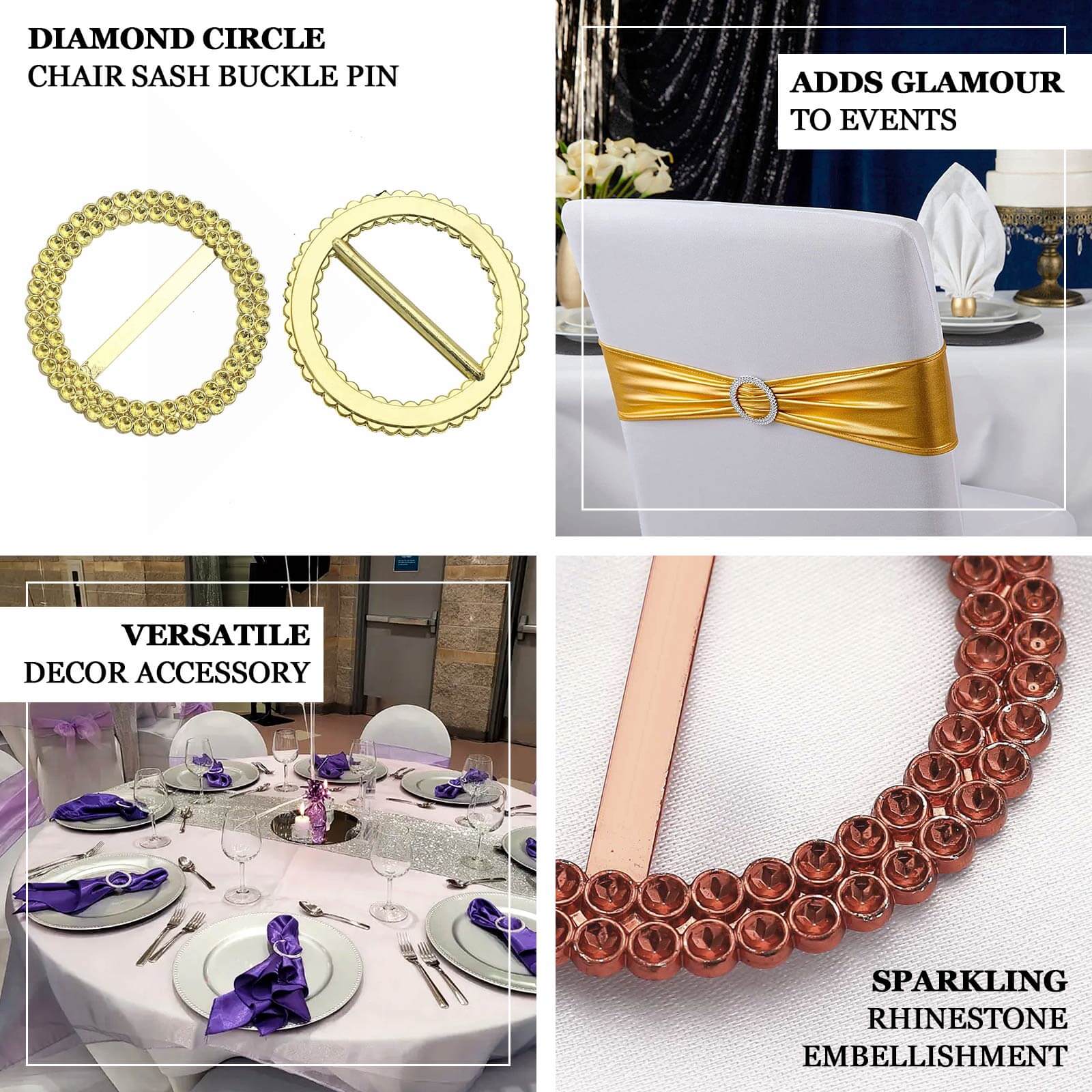 20-Pack Gold Diamond Round Chair Sash Band Buckle Pins - Stunning Rhinestone Napkin Rings for Weddings & Gatherings
