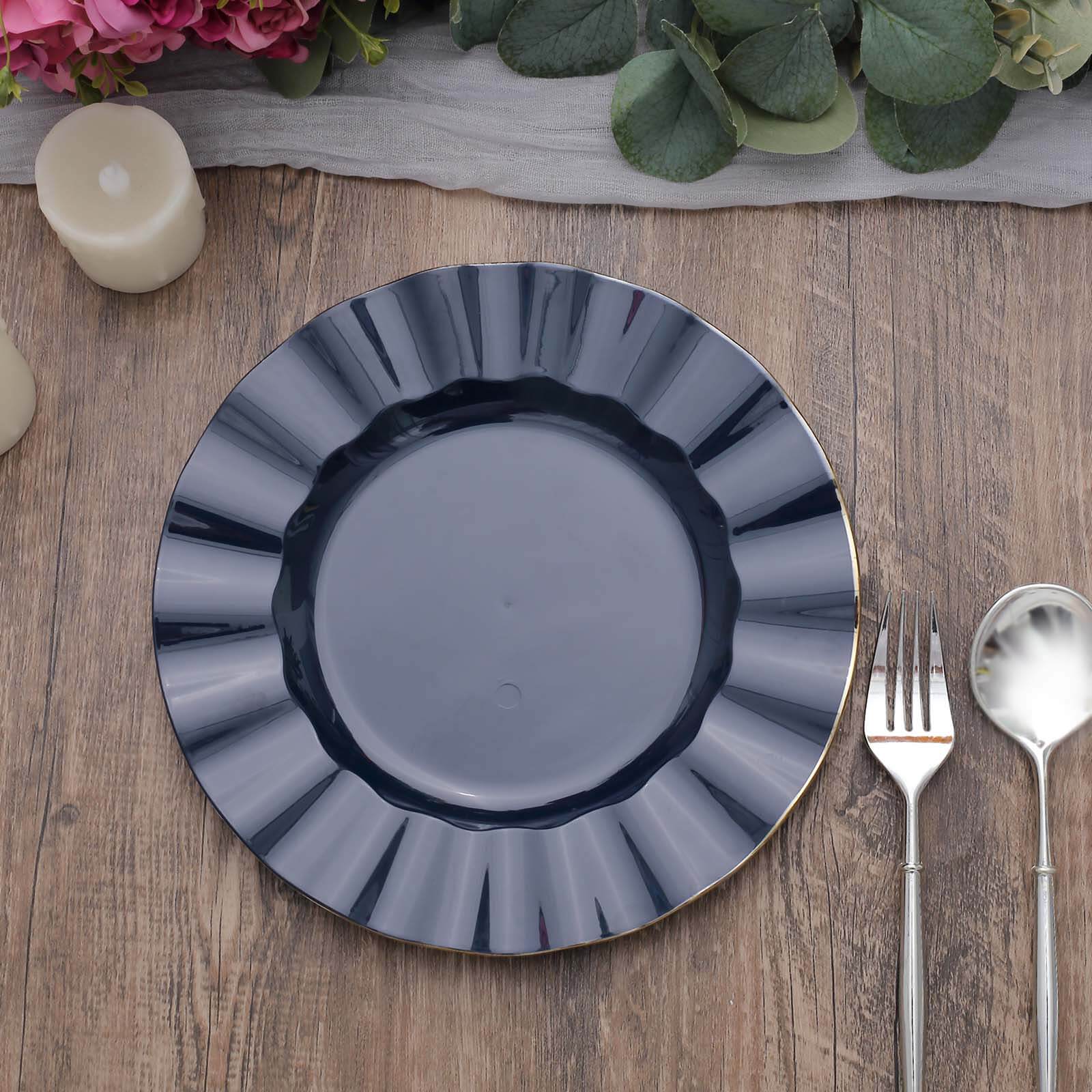 10-Piece Set of Navy Blue Plastic Round Dinner Plates with Gold Edged Ruffled Rim - Sturdy Disposable Dinnerware