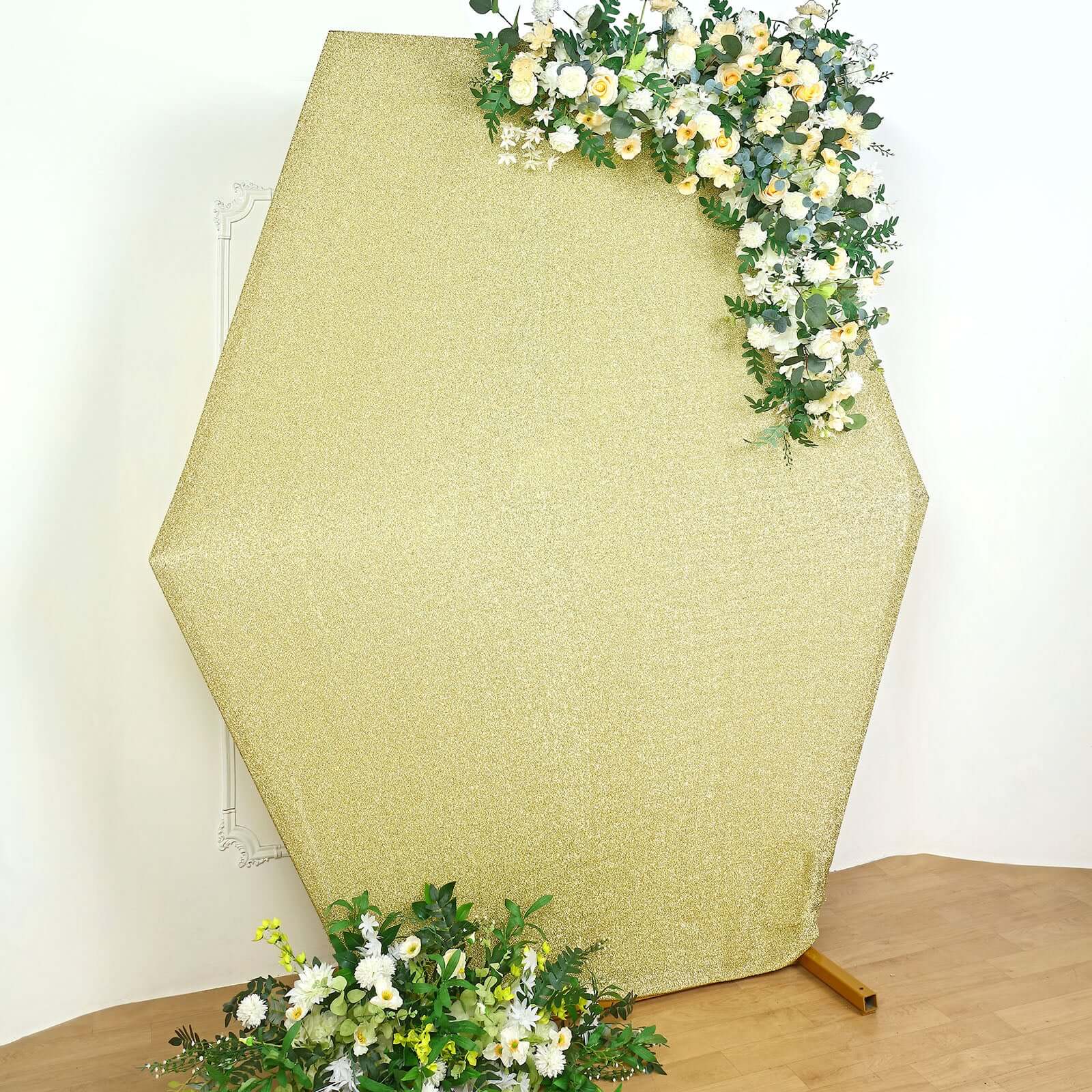 8ft x 7ft Champagne Double-Sided Metallic Shimmer Tinsel Spandex Hexagon Wedding Arbor Backdrop