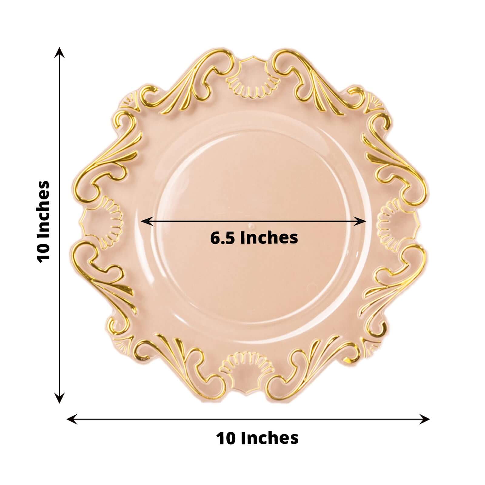 10-Pack Clear Plastic Round Dinner Plates with Gold Vintage Baroque Scalloped Rim - Ideal for Parties