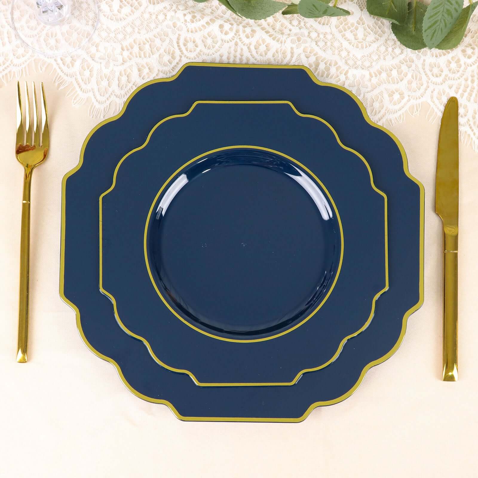 Hot Deal! 10-Pack 8" Navy Blue Disposable Baroque Salad Plates with Gold Rim
