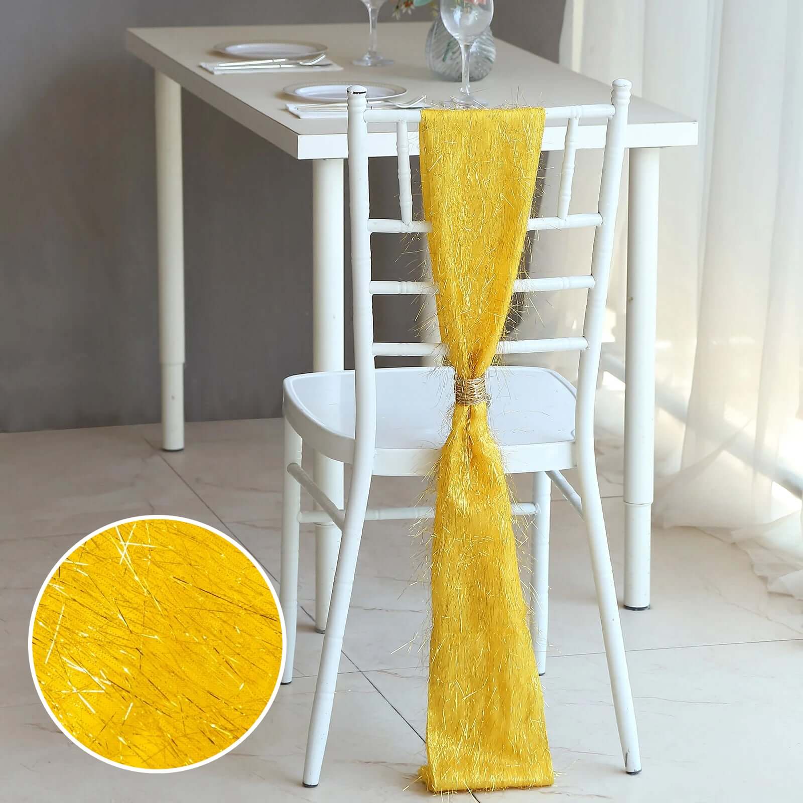 Hot Deal! 5-Pack Gold Metallic Tinsel Fringe Polyester Chair Sashes - Sparkly & Easy-to-Use