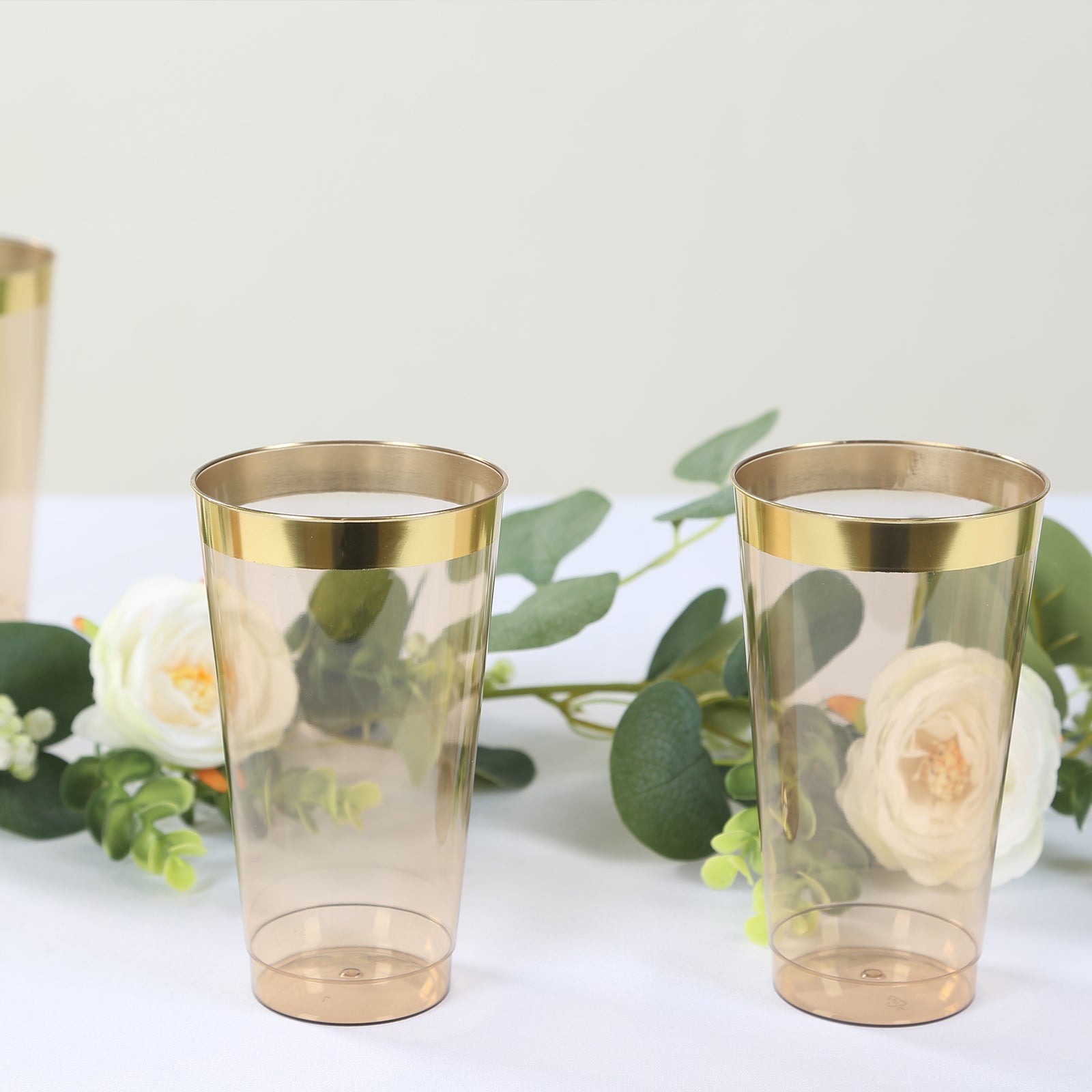 12-Pack 17oz Durable Disposable Plastic Party Cups - Transparent Amber Gold with Gold Rim