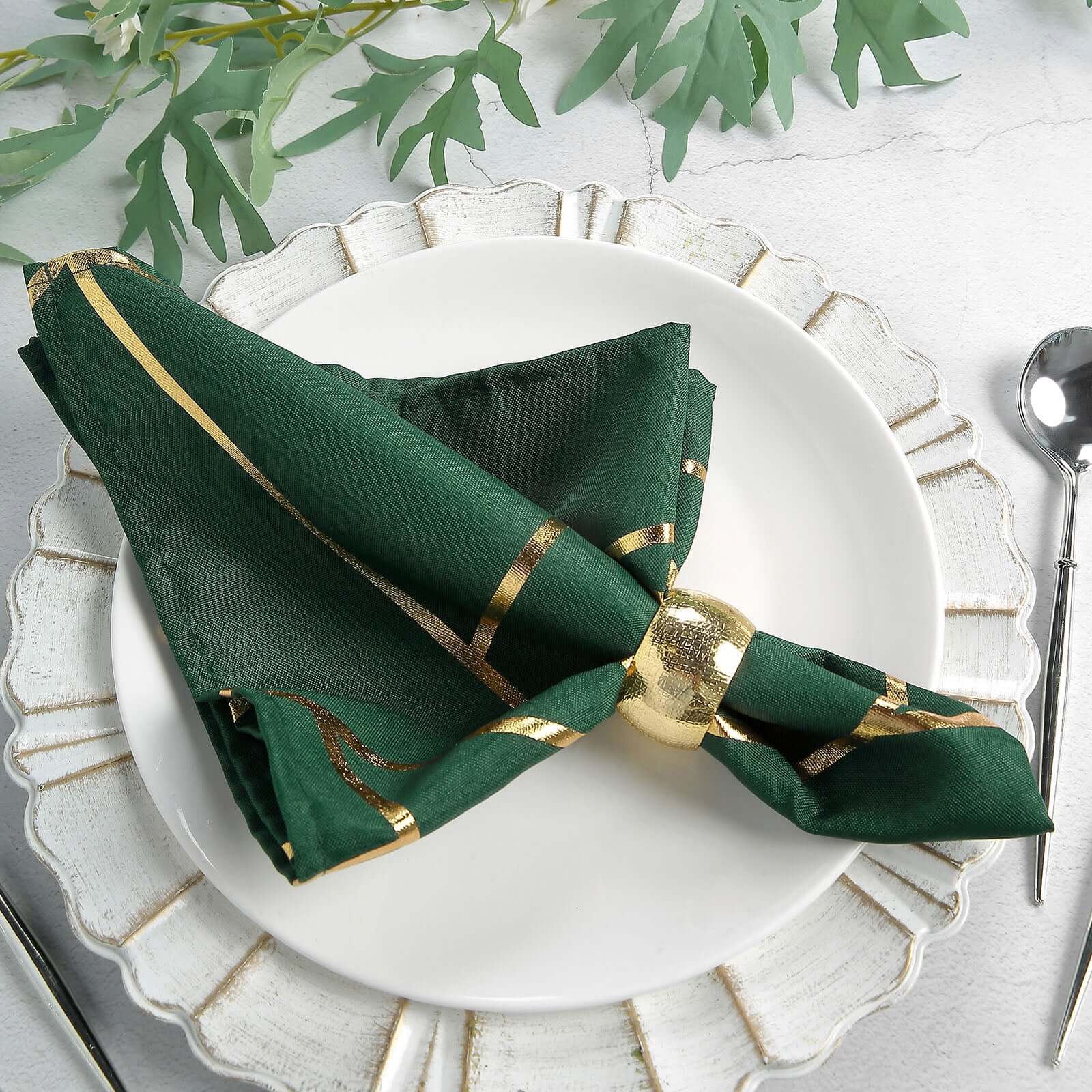 Set of 5 Reusable 20x20 Polyester Dinner Napkins in Hunter Emerald Green with Gold Geometric Foil Design