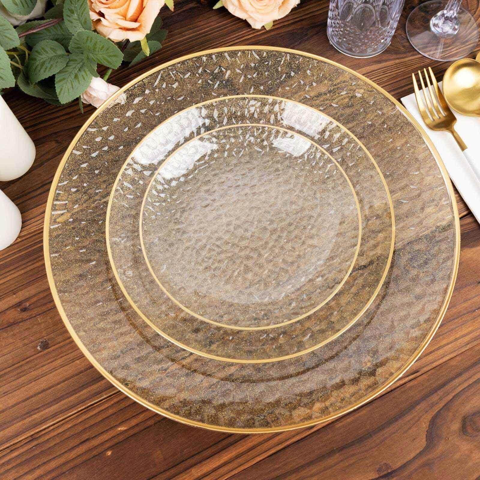 10-Pack Clear Plastic Dessert Plates with Gold Glitter Hammered Design and Rim - Disposable for Events