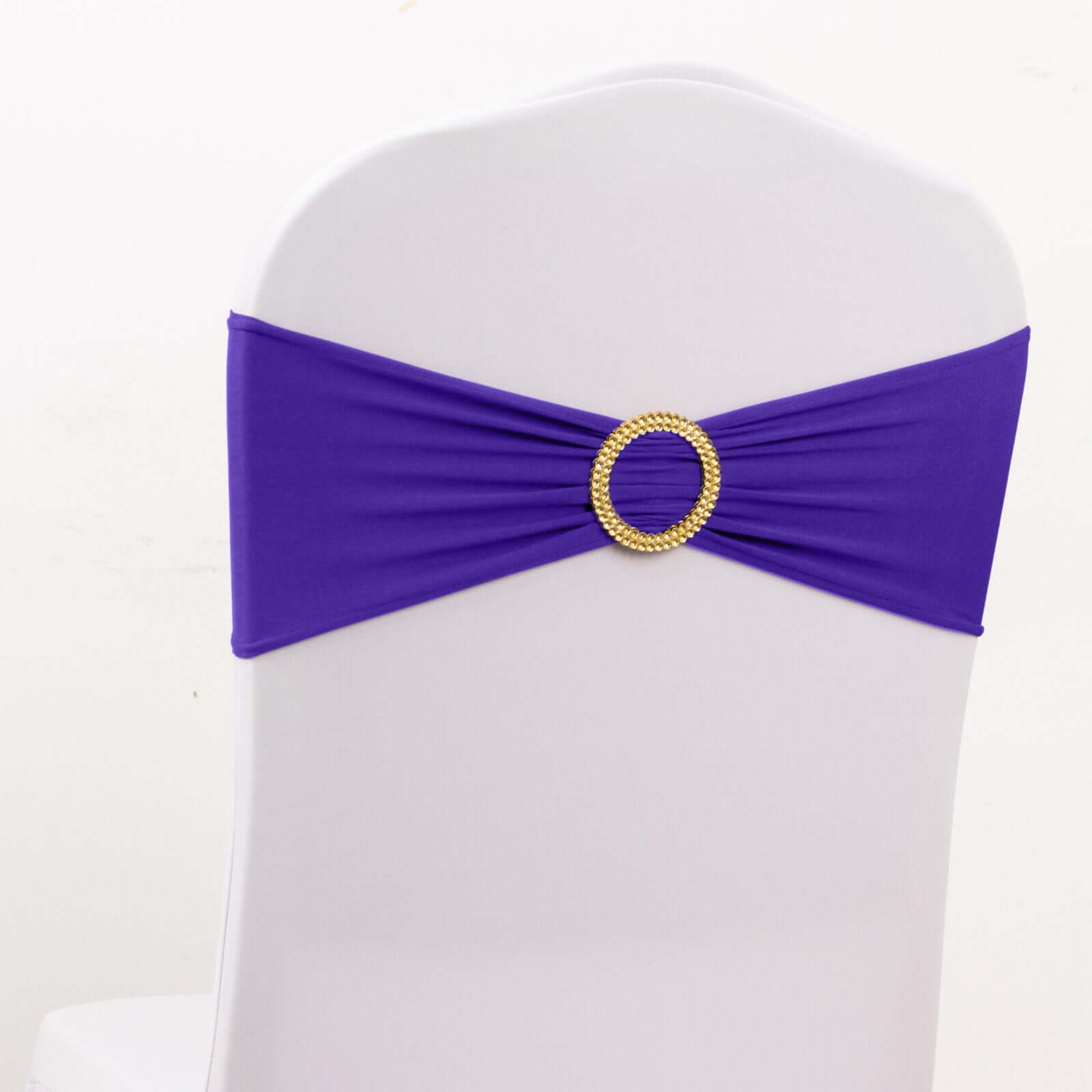 5-Pack Purple Spandex Chair Sashes with Gold Rhinestone Buckles - Reusable Four-Way Stretch Decor