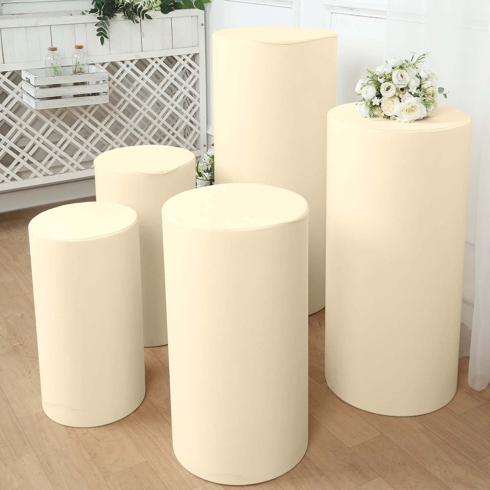Hot Deal! Set of 5 Stretchable Beige Spandex Cylinder Pedestal Stand Covers, 160 GSM