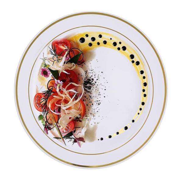 Hot Deal! 10-Pack 8" Disposable White Plastic Dessert Plates with Gold Rim for Parties