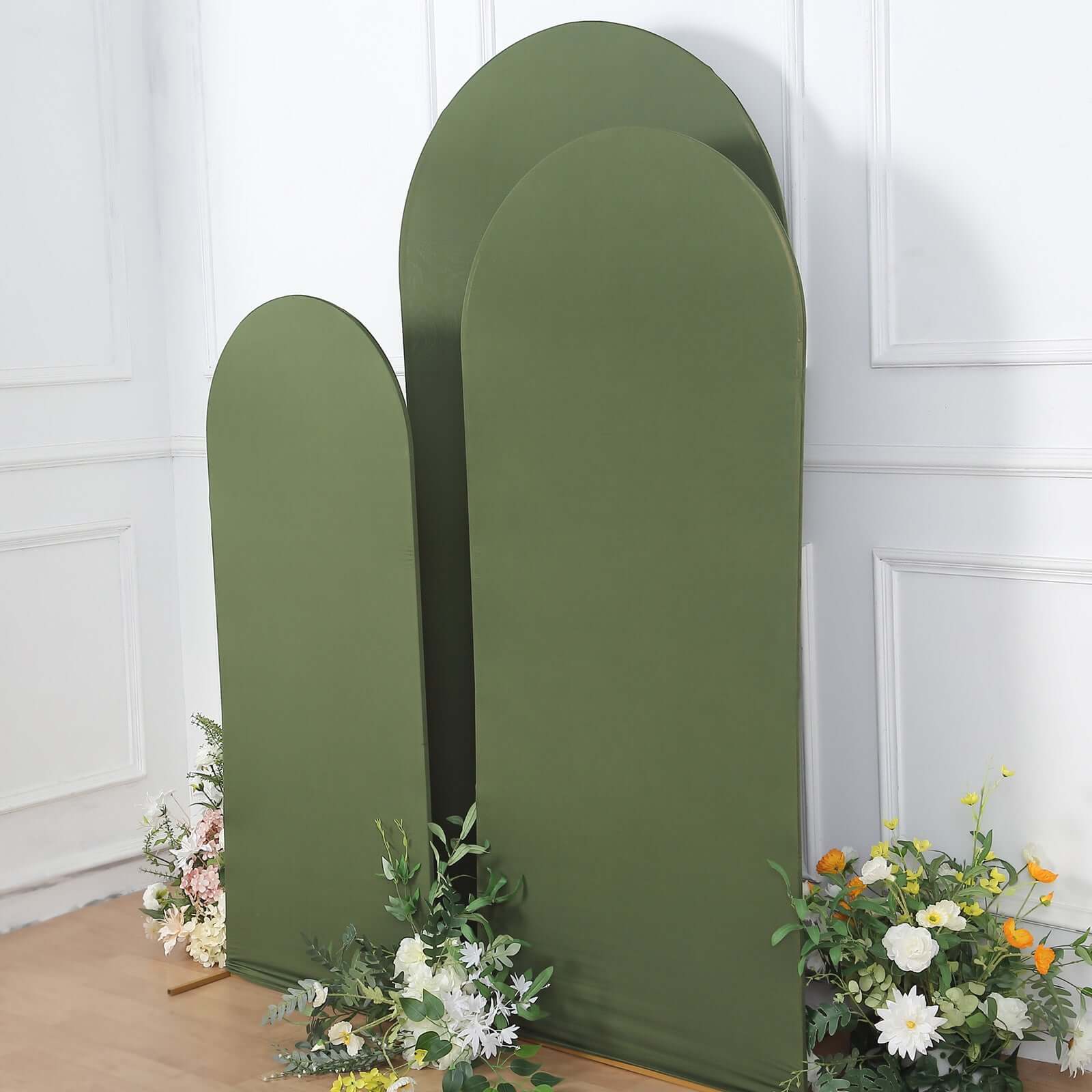 3-Piece Set of Matte Olive Green Spandex Fitted Covers for Round Top Chiara Wedding Arch - 5ft, 6ft, 7ft