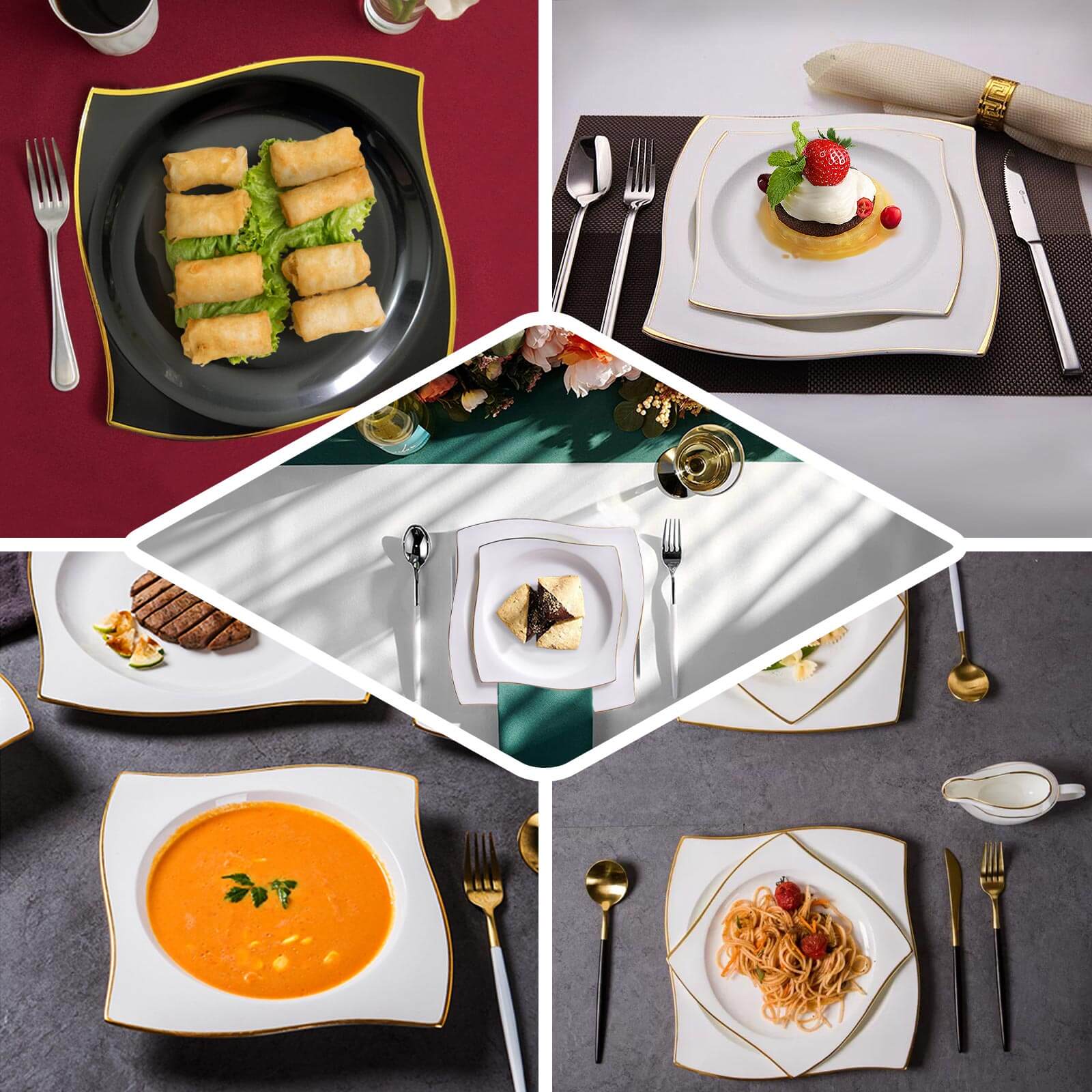 10-Pack Disposable Clear Plastic Square Dinner Plates with Gold Wavy Rim