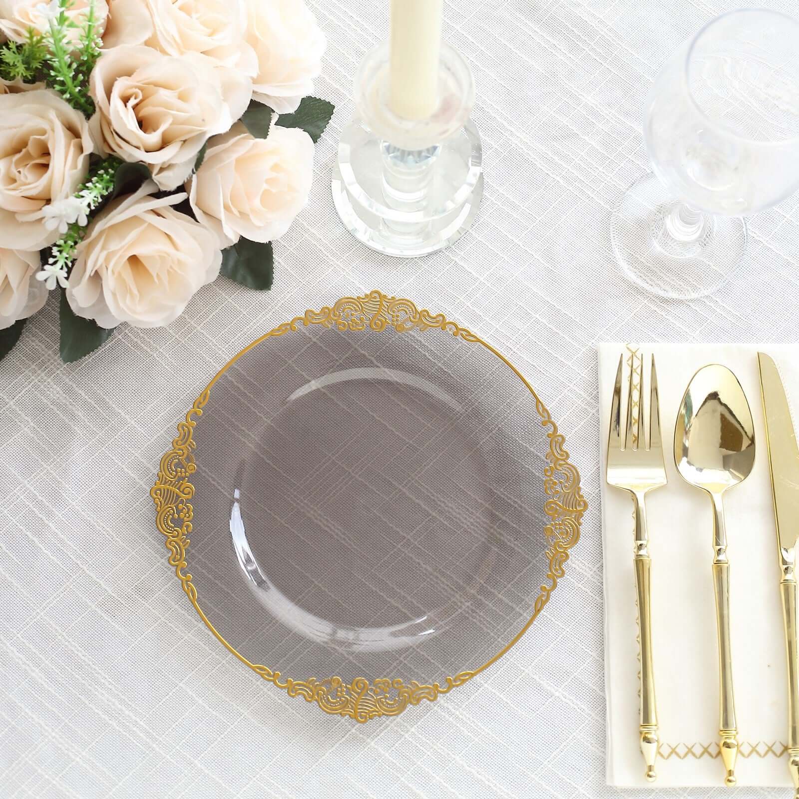 Hot Deal! 10-Pack Disposable 8-Inch Round Plastic Dessert Plates in Transparent Black with Gold Leaf Embossed Rim, Vintage Baroque Style
