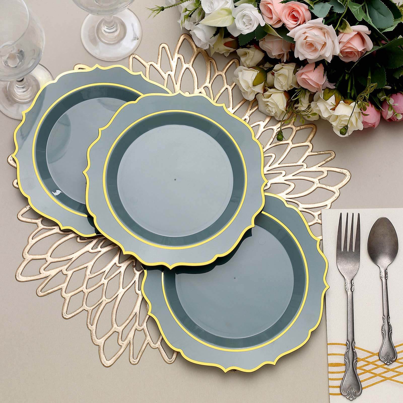 Hot Deal! 10-Pack 8" Disposable Dusty Blue Plastic Desert Plates with Gold Scalloped Rim