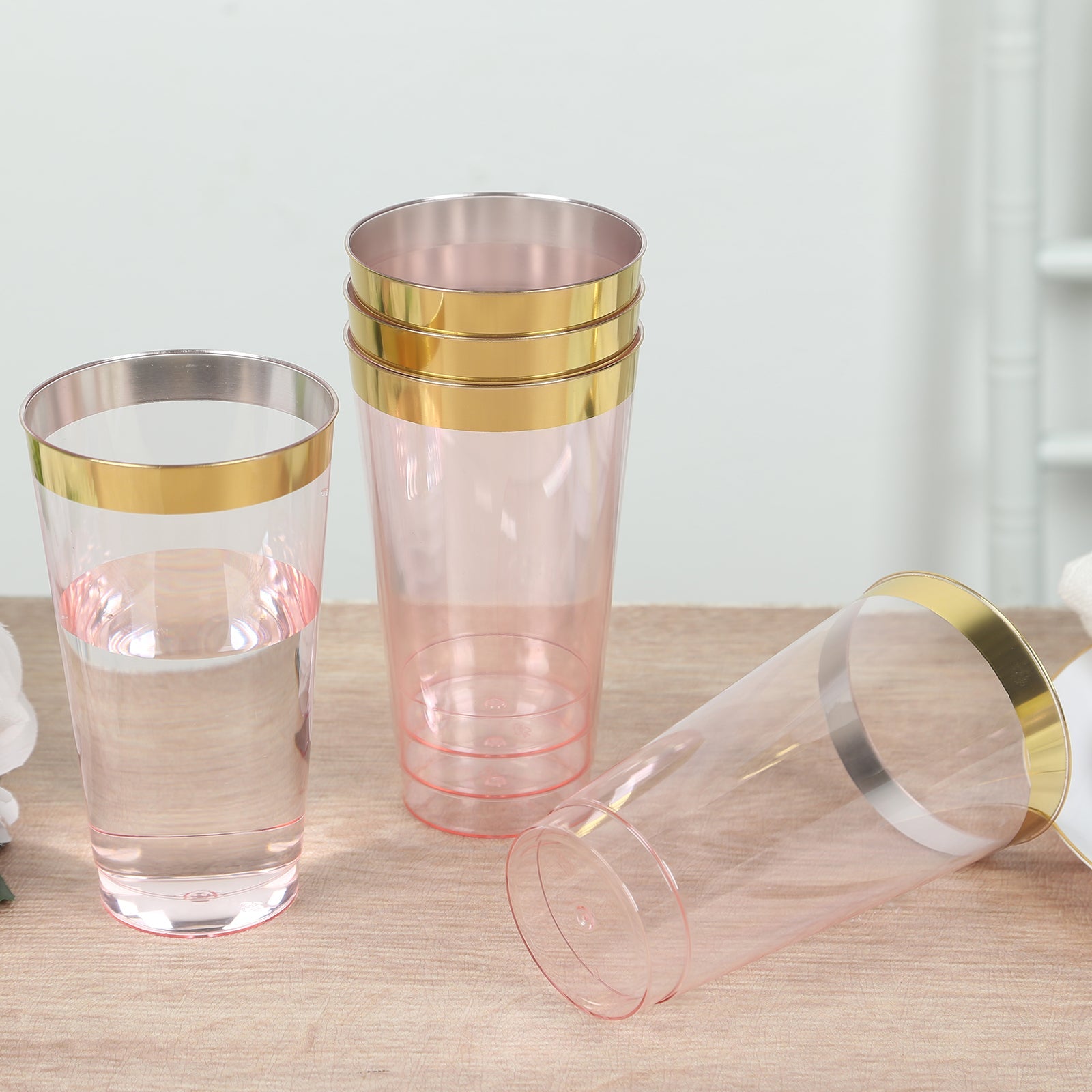 Hot Deal! 12-Pack 17oz Durable Disposable Plastic Party Cups with Transparent Blush and Gold Rim