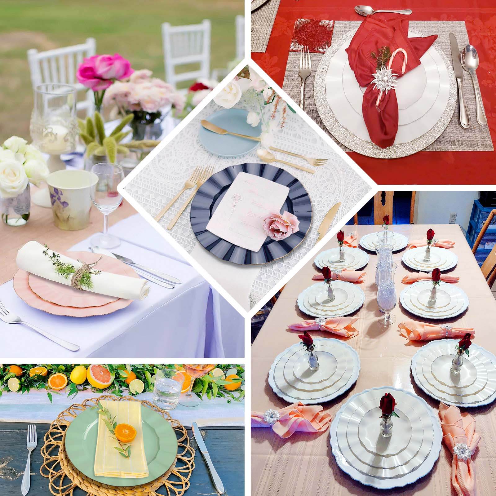 10-Piece Set of Sturdy Disposable Ocean Blue Round Dinner Plates with Gold-Rimmed Ruffled Edges