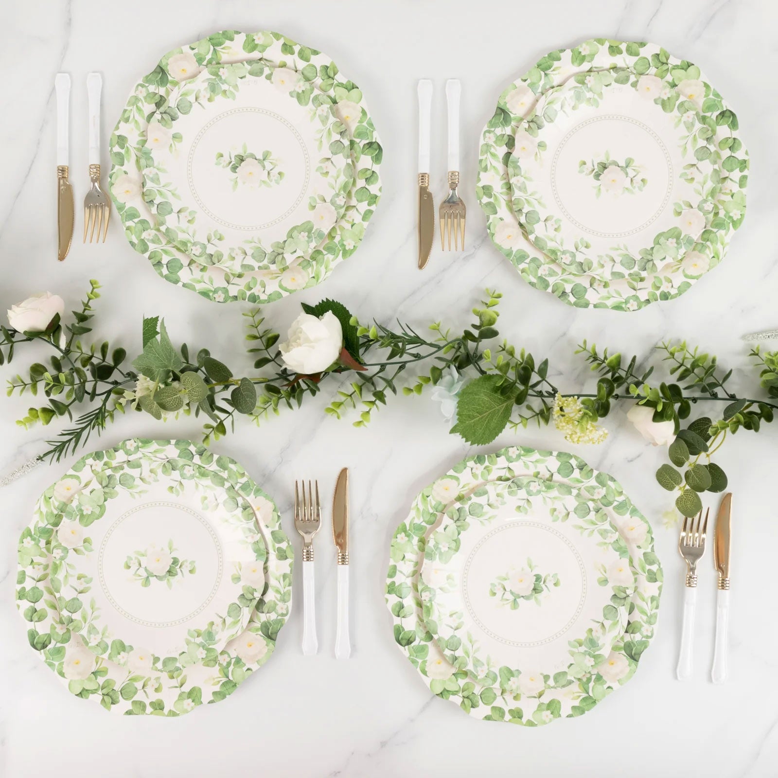 25-Pack White Floral Greenery Scalloped Edge Paper Dinner Plates - Ideal for Nature-Inspired & Chic Parties