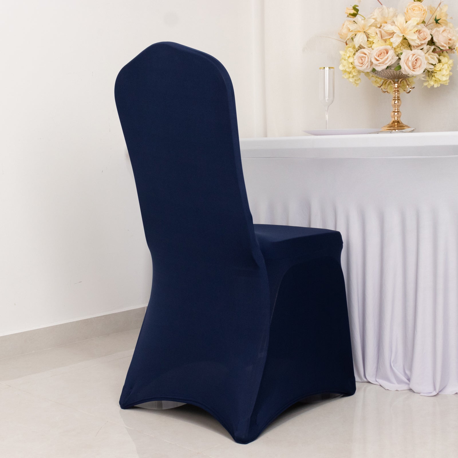 Hot Deal! Navy Blue Premium 220GSM Spandex Stretch Chair Cover with Foot Pockets for Banquet Chairs