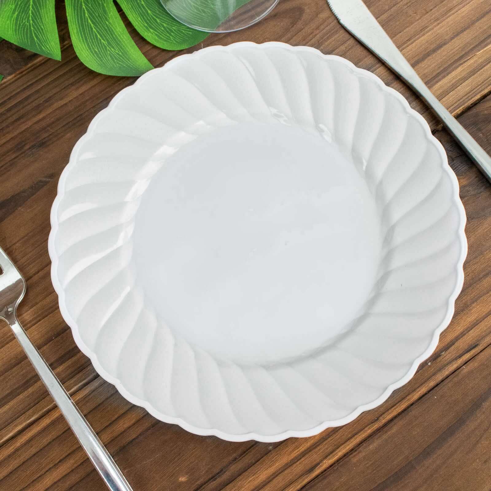 12-Piece Set of Sturdy White Plastic Dessert Plates with Flair Rim, 7.5 Inches