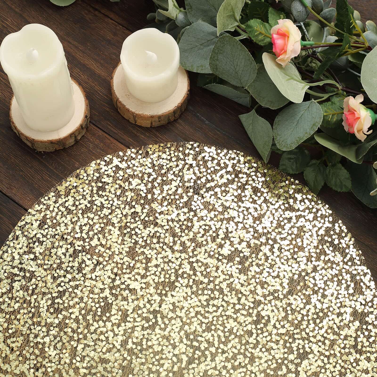10-Piece Set of Disposable, Dust-Free Metallic Gold Sequin Round Table Placemats, 13 Inches