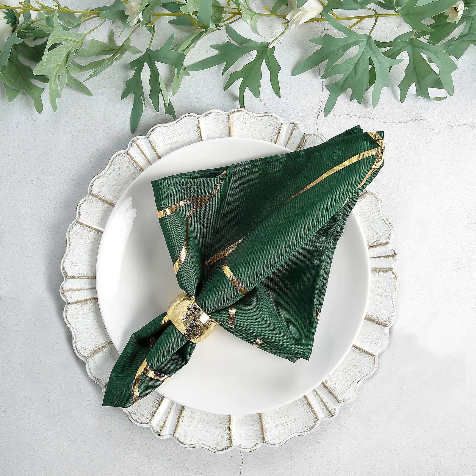 Set of 5 Reusable 20x20 Polyester Dinner Napkins in Hunter Emerald Green with Gold Geometric Foil Design