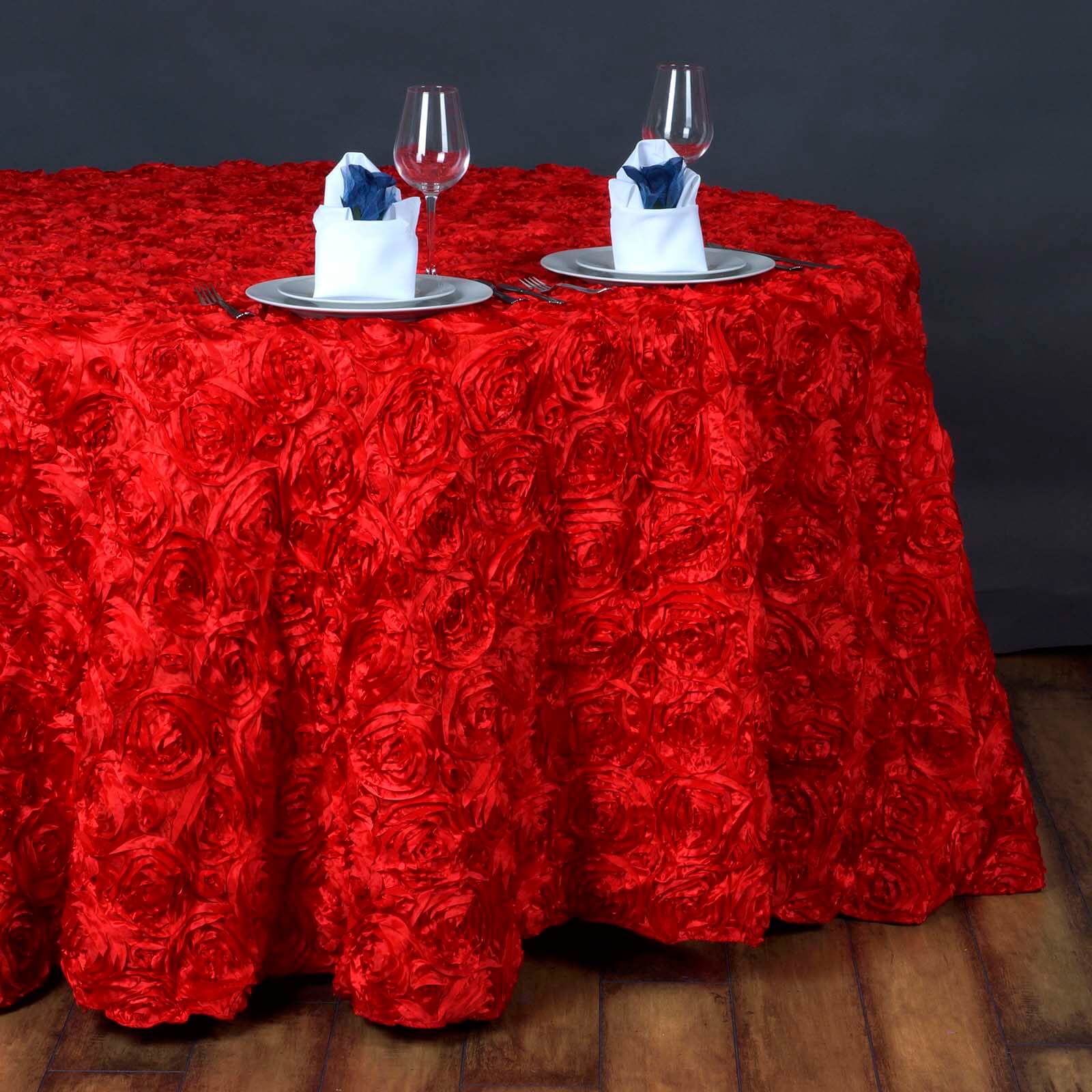 Hot Sale! Red Satin 132-Inch Round Tablecloth with Seamless 3D Rosette Design