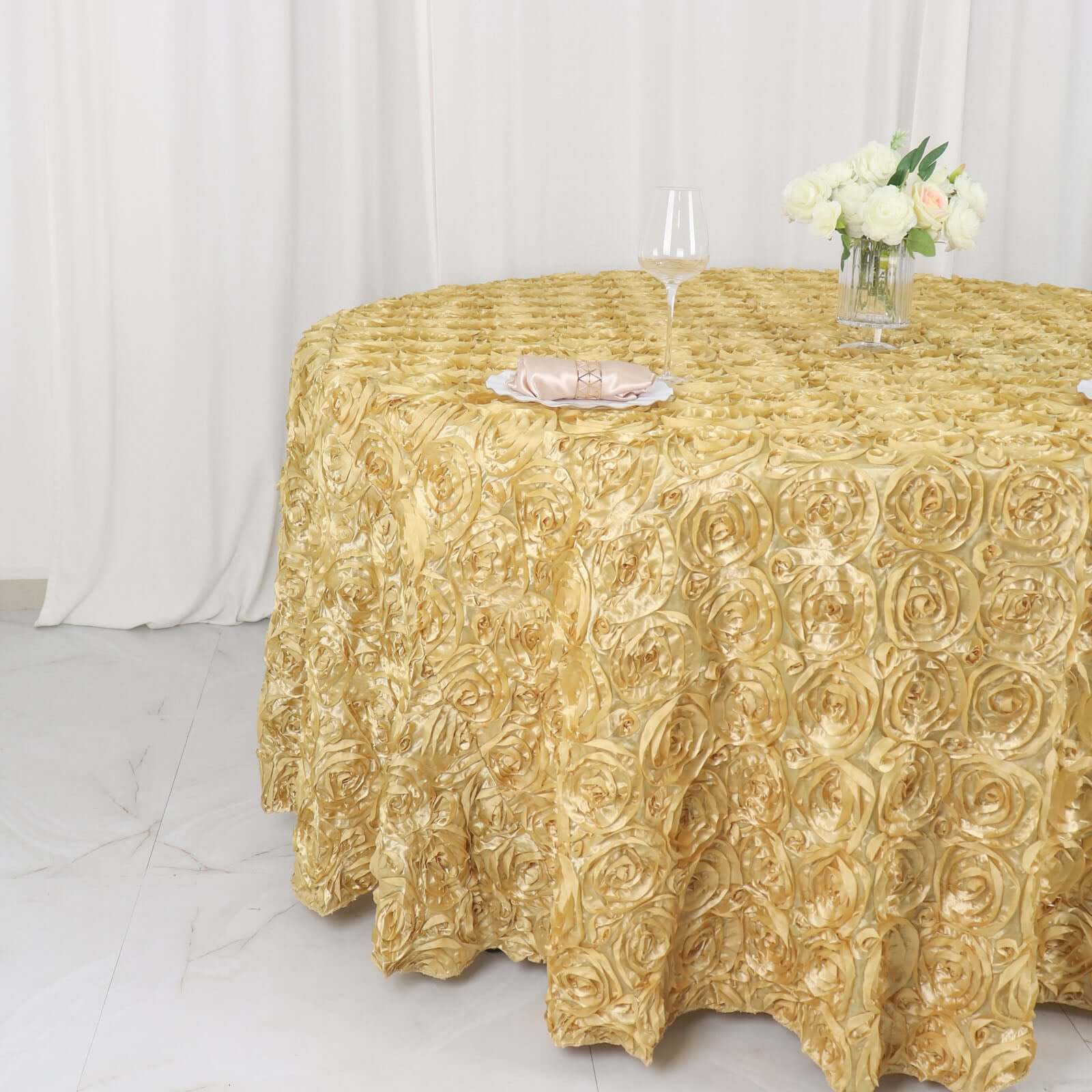 Champagne Satin 120-Inch Round Tablecloth with Stunning 3D Rosette and Seamless Finish