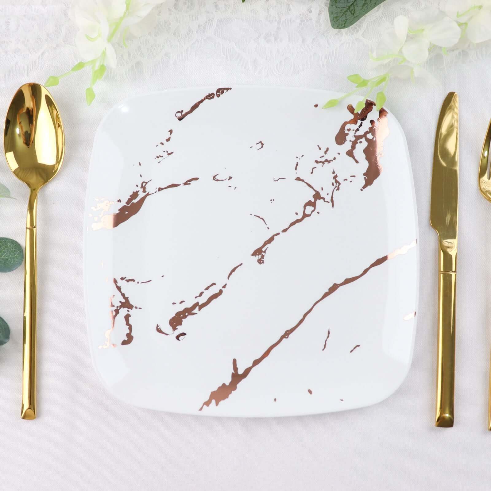 10-Pack Disposable White Plastic Dessert Plates with Rose Gold Marble Design - Ideal for Parties