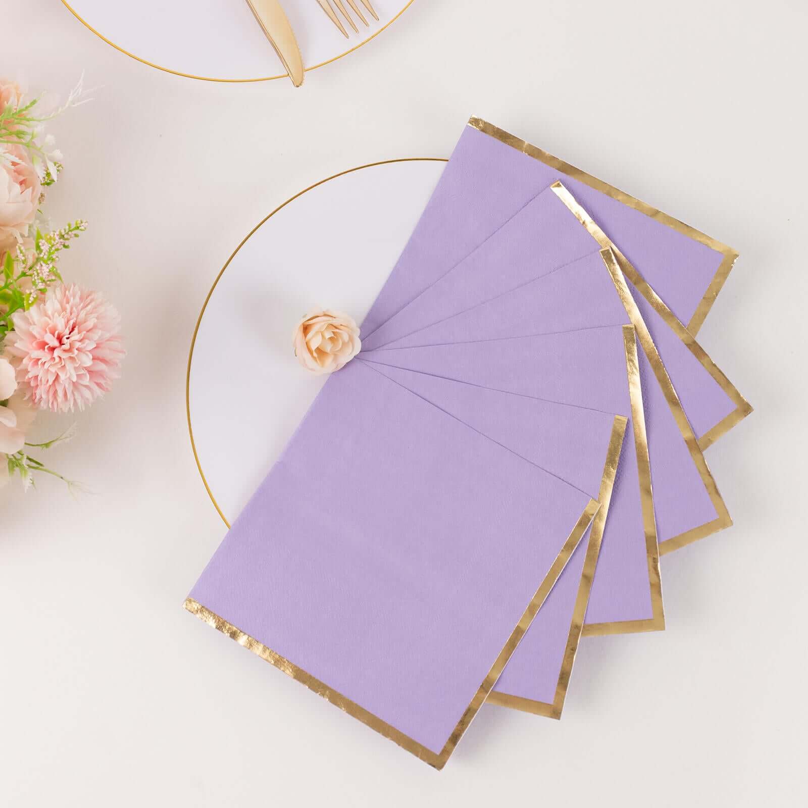 Hot Deal! 50-Pack Disposable 2-Ply Lavender Cocktail Paper Napkins with Gold Foil Edge, 6.5x6.5 for Events