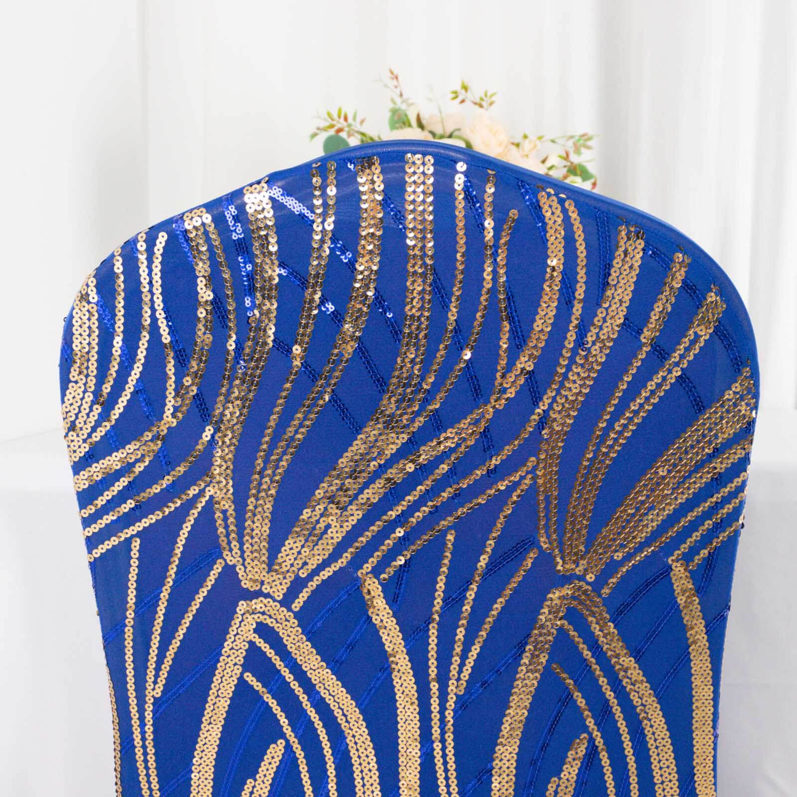 Royal Blue and Gold Spandex Banquet Chair Cover with Wave - Embroidered Glittering Sequins