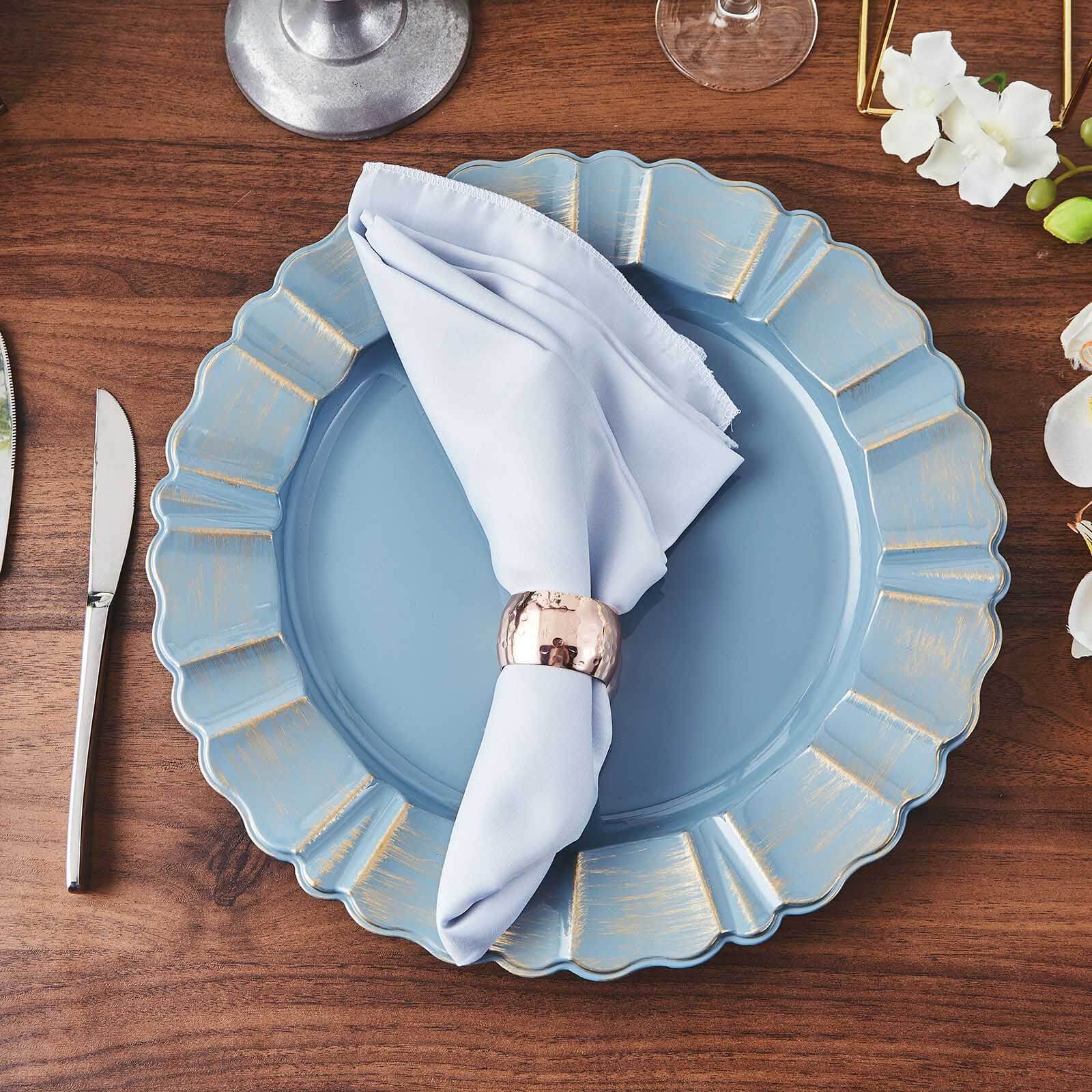 6-Piece Set of 13-Inch Dusty Blue Acrylic Plastic Round Charger Plates with Gold-Brushed Scalloped Rim for Dinner Parties