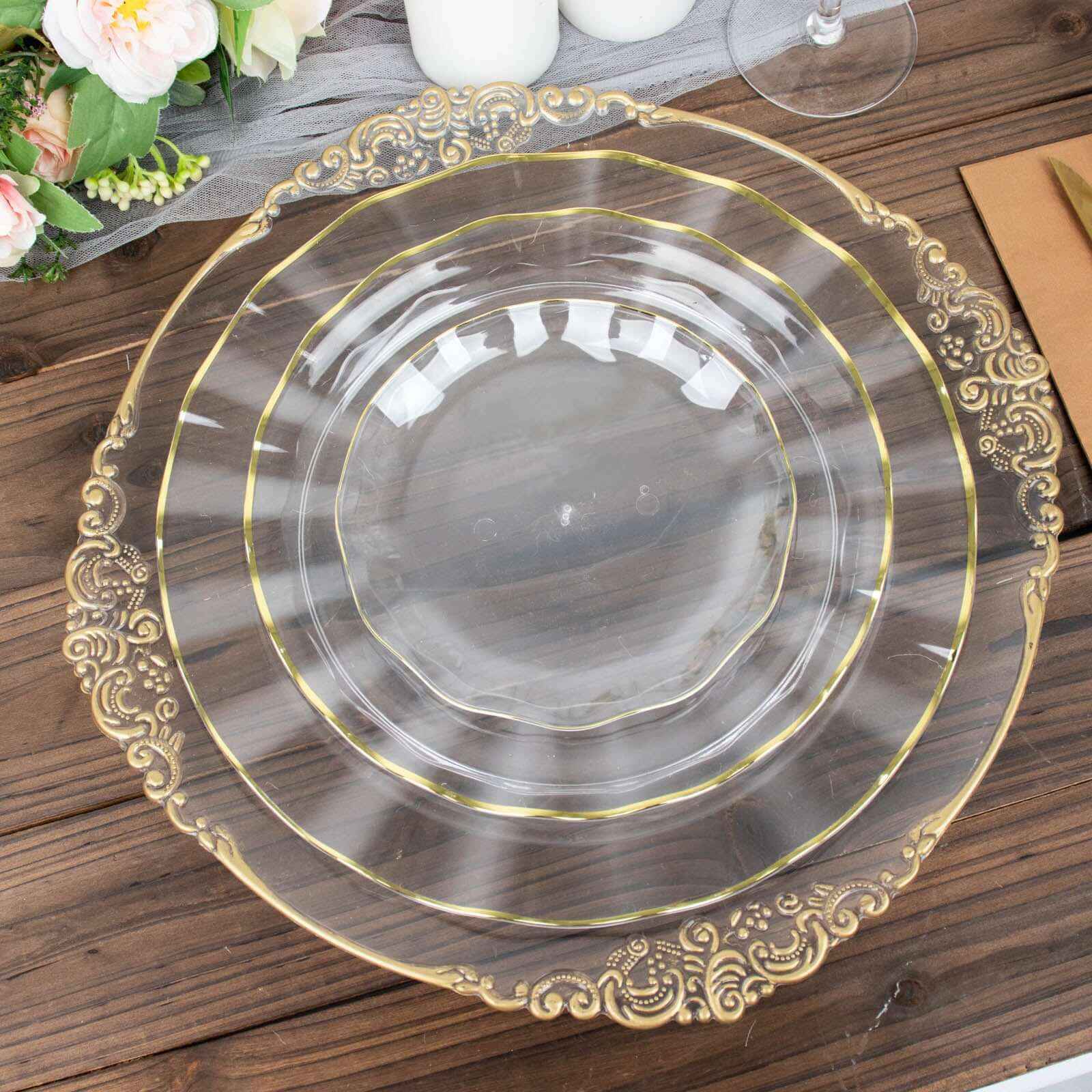 10-Piece Set of Sturdy Disposable Plastic Round Dinner Plates with Clear Ruffled Rim and Gold Edging