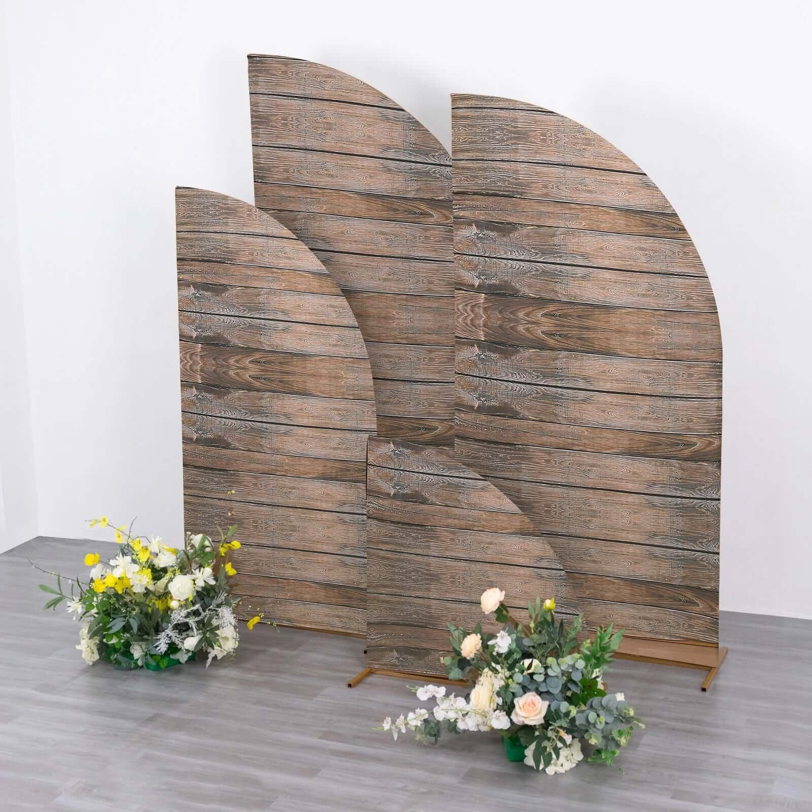 Set of 4 Brown Spandex Wedding Arch Covers with Rustic Wood Design, for Half Moon Stands