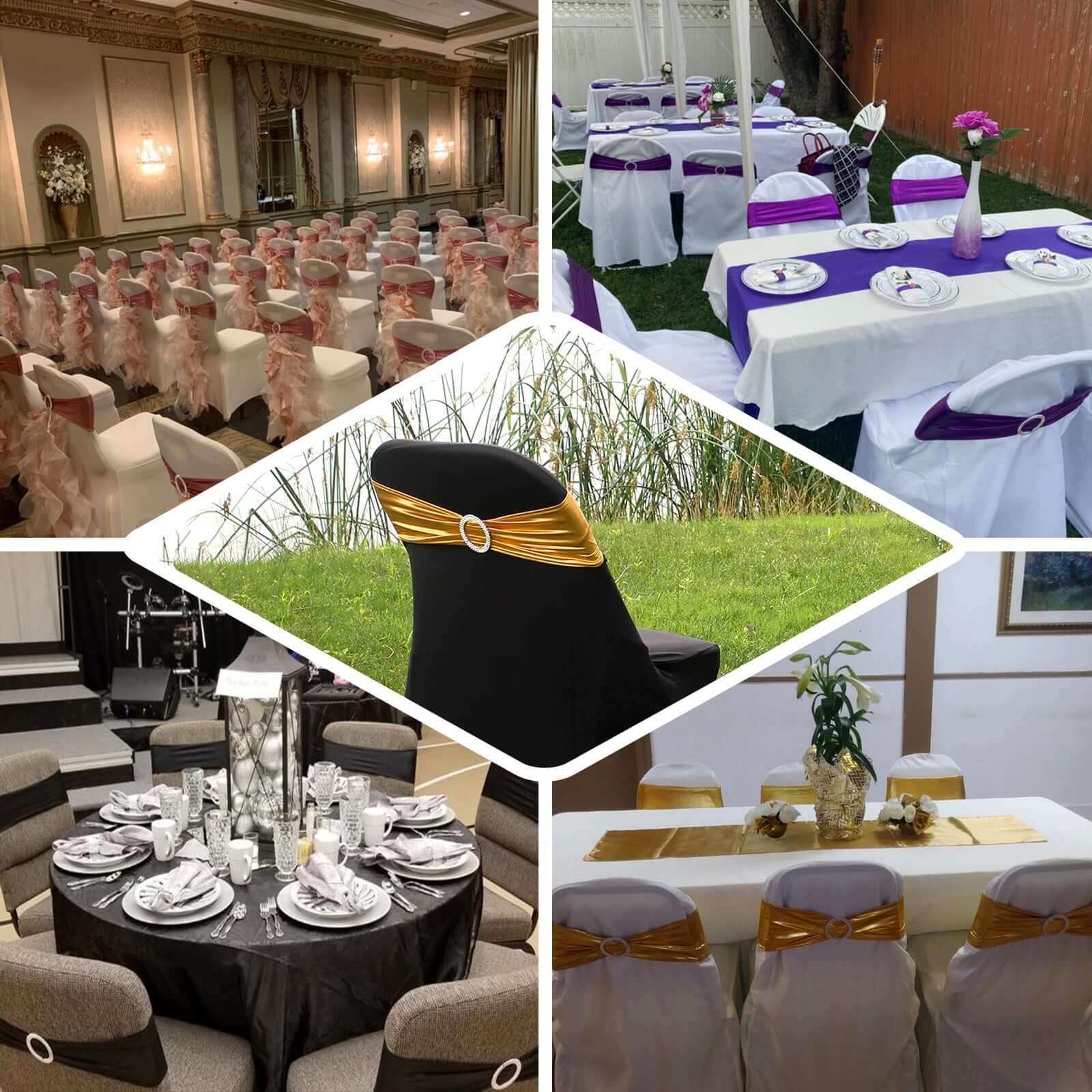 5-Pack Metallic Peacock Teal Spandex Chair Sashes with Round Diamond Buckles - Great for Events