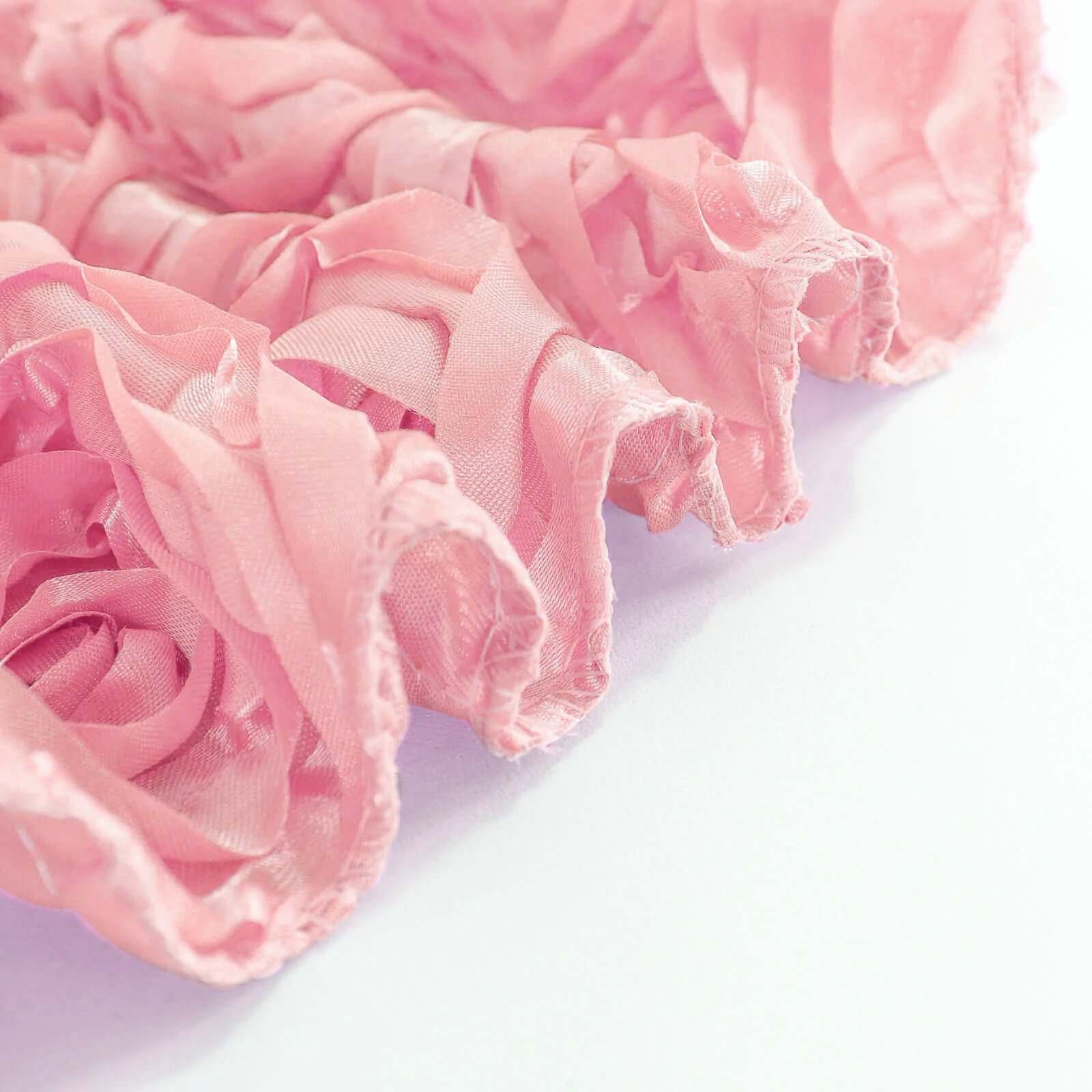 Hot Sale! 120-Inch Pink Satin Round Tablecloth with Stunning 3D Rosette and Seamless Finish
