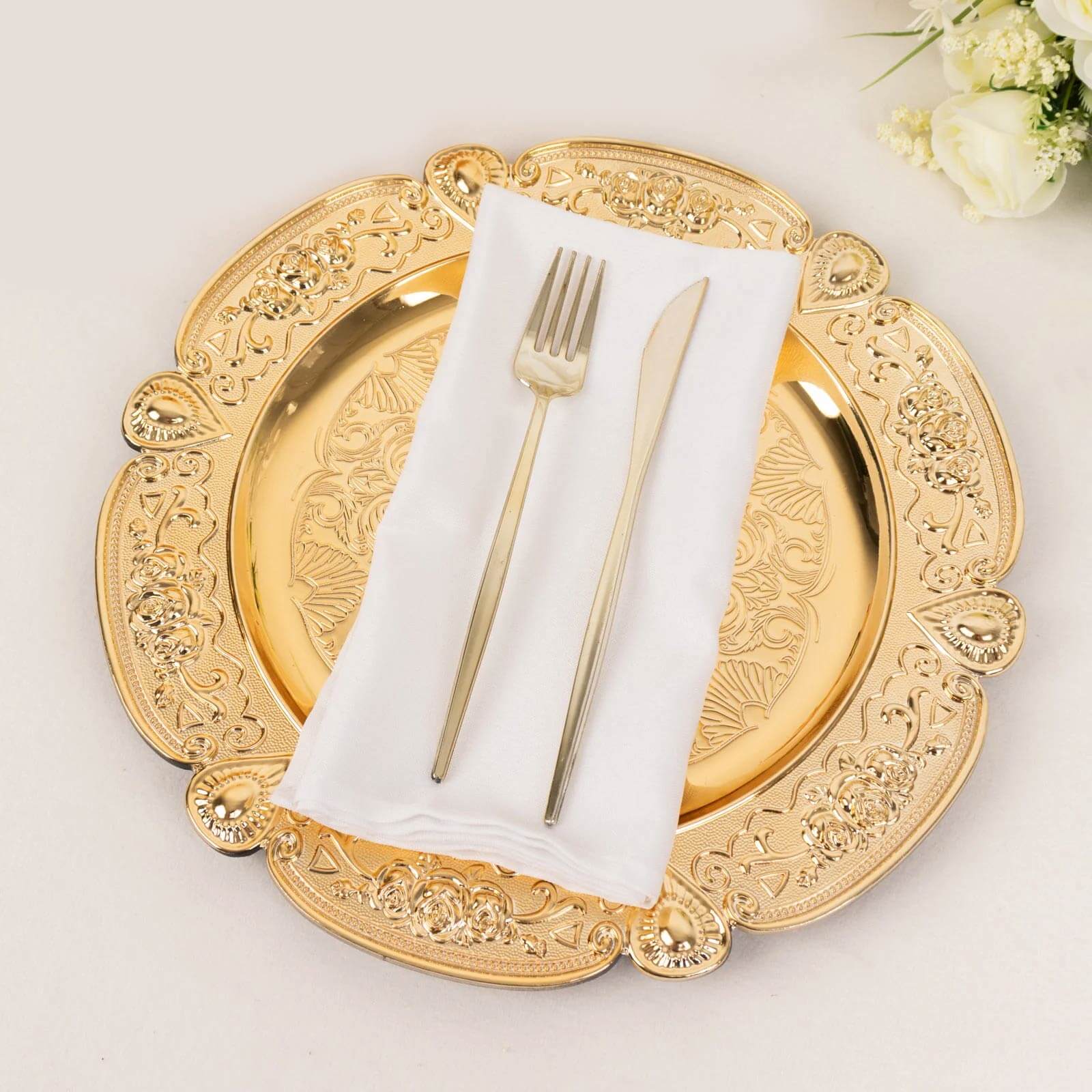 Hot Sale! 6-Pack 13-inch Gold Floral Embossed Acrylic Charger Plates with Scalloped Rim