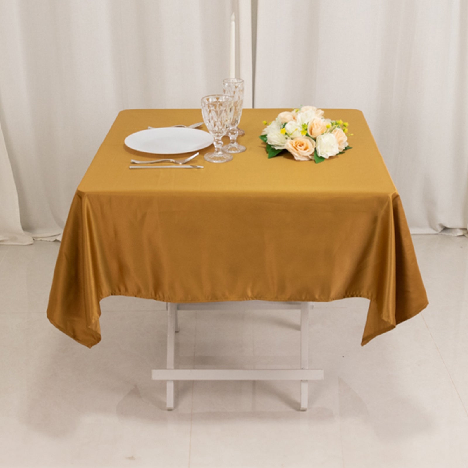 Gold Lamour Satin 54x54 Square Tablecloth - Durable & Silk-Like for Special Events