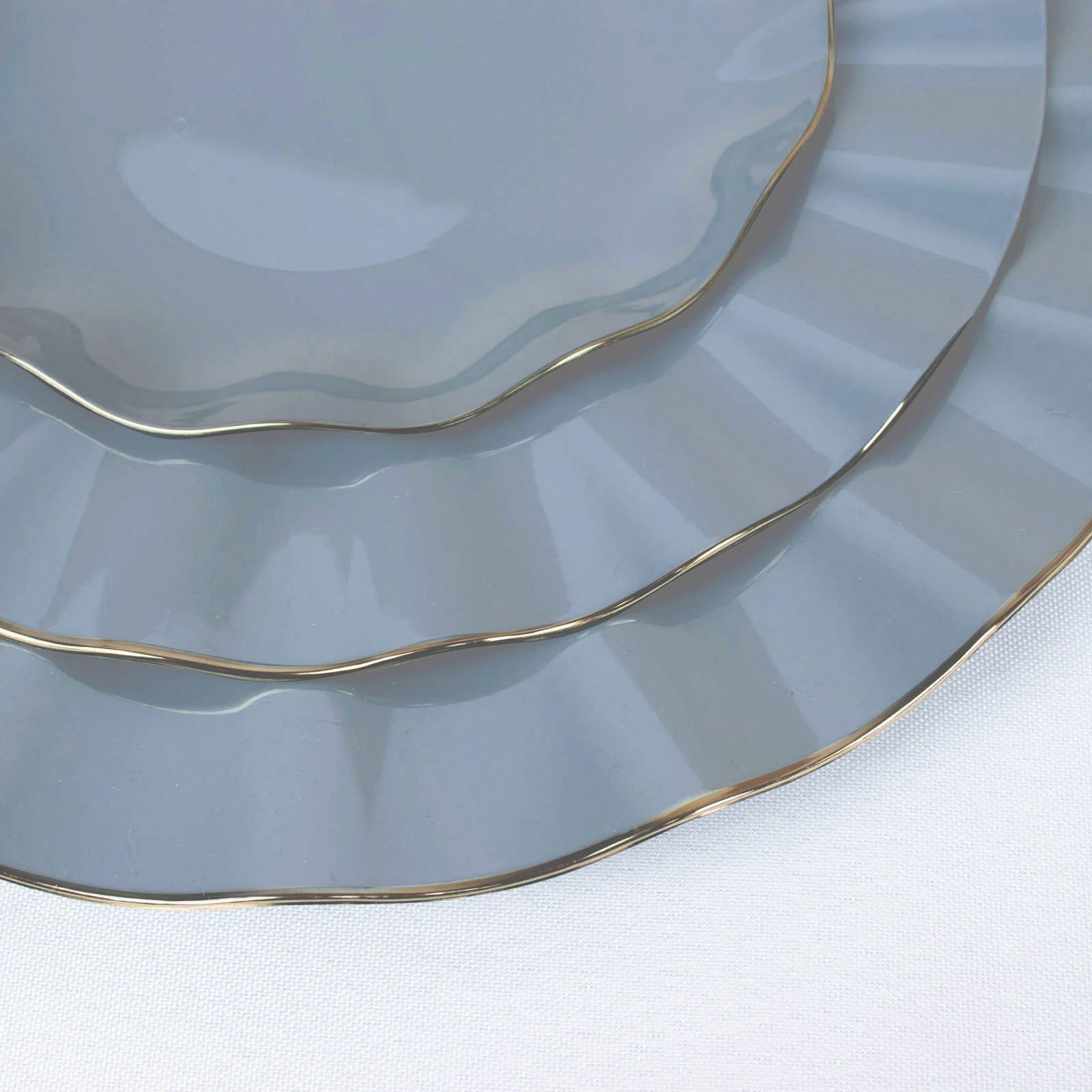 10-Piece Set of Sturdy Disposable 9-Inch Round Dusty Blue Dinner Plates with Gold Ruffled Edging