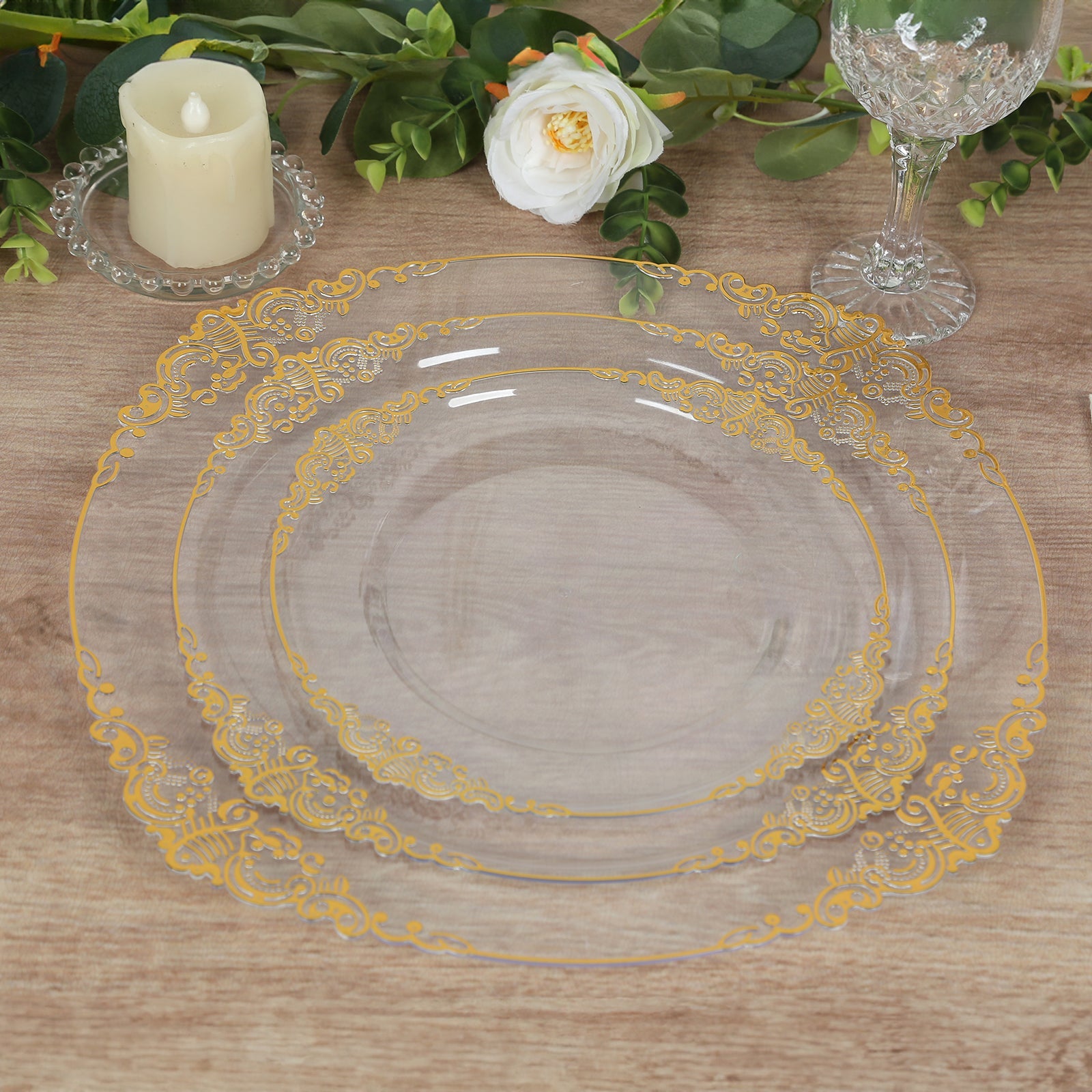 20-Pack Clear Plastic Round Charger Plates with Gold Embossed Baroque Rim - Ideal for Dinner Parties