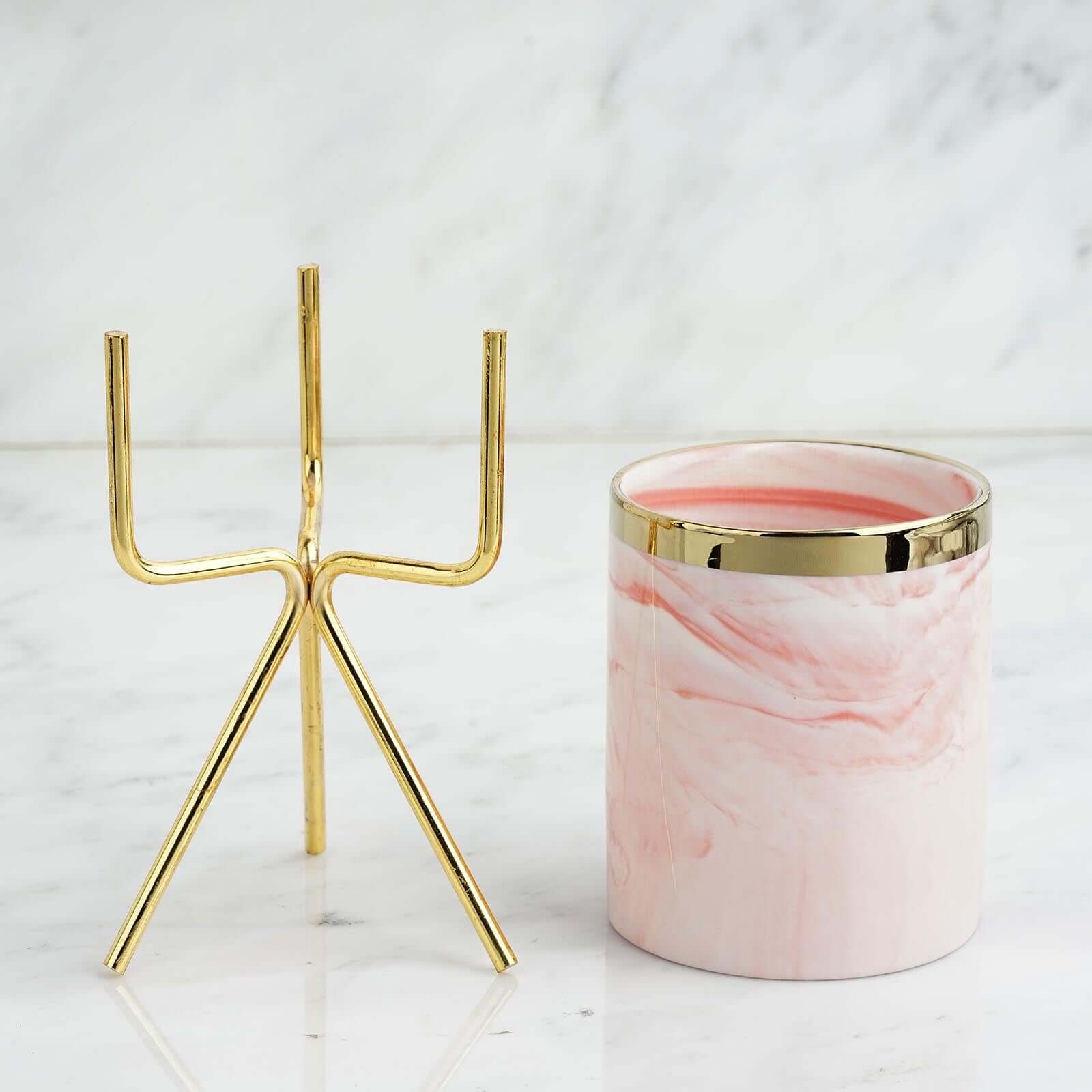 8-Inch Decorative Gold-Rimmed Pink Marble Ceramic Planter with Gold Metal Stand