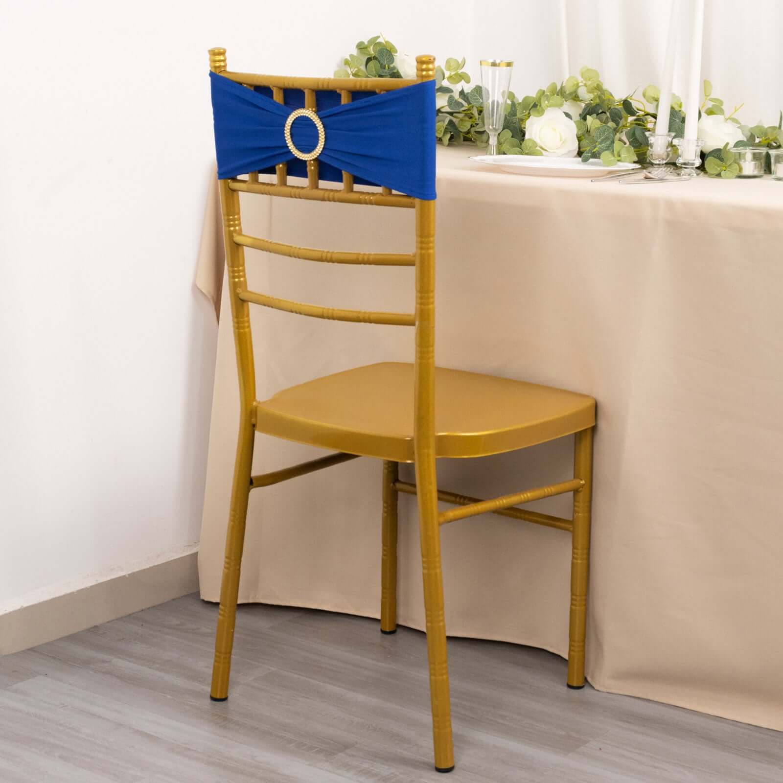 Royal Blue Spandex Chair Sashes with Gold Rhinestone Buckles - 5 Pack, Reusable & Four-Way Stretch