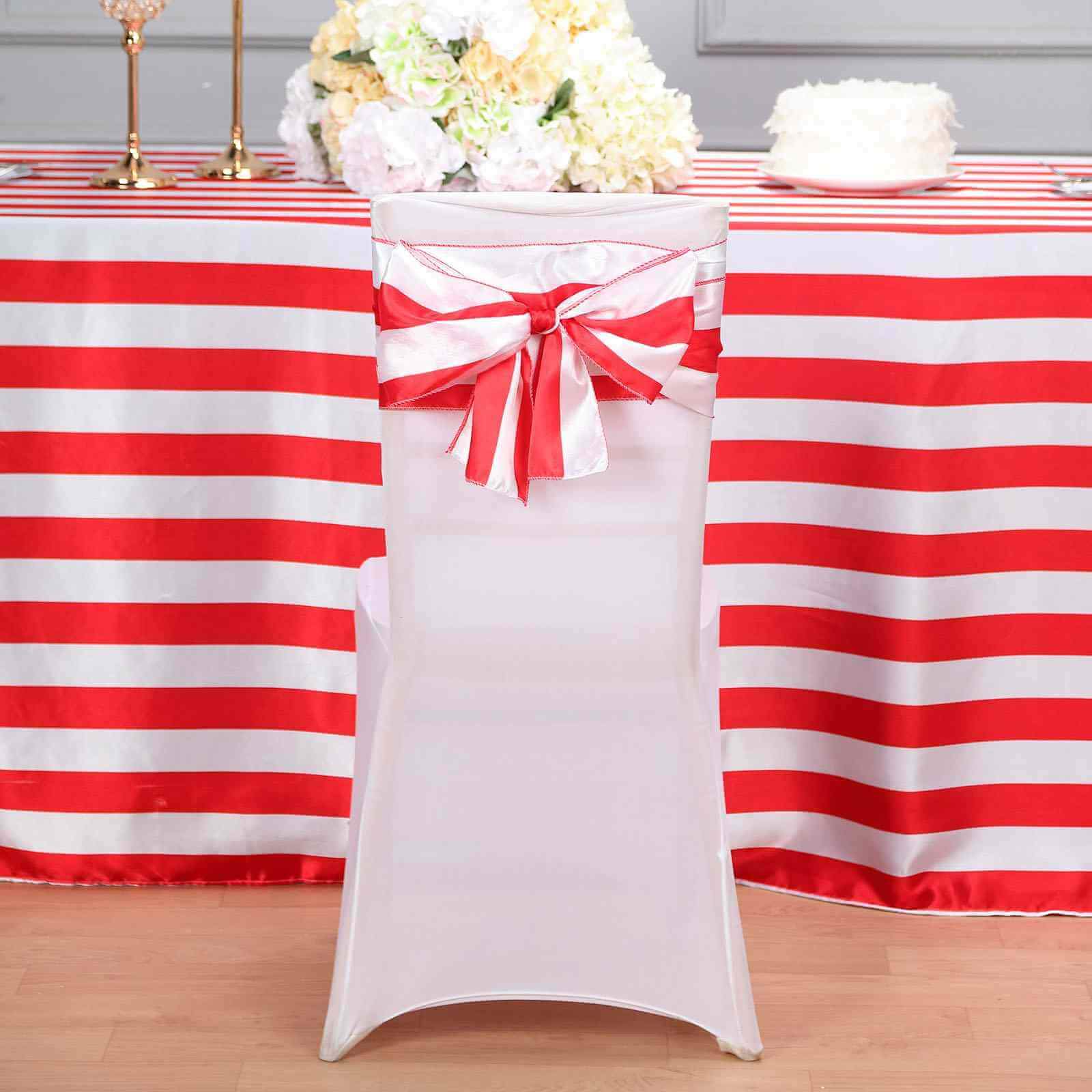 Hot Deal! 5-Piece Set of Satin Red/White Striped 6x108 Chair Sashes for Weddings and Gatherings