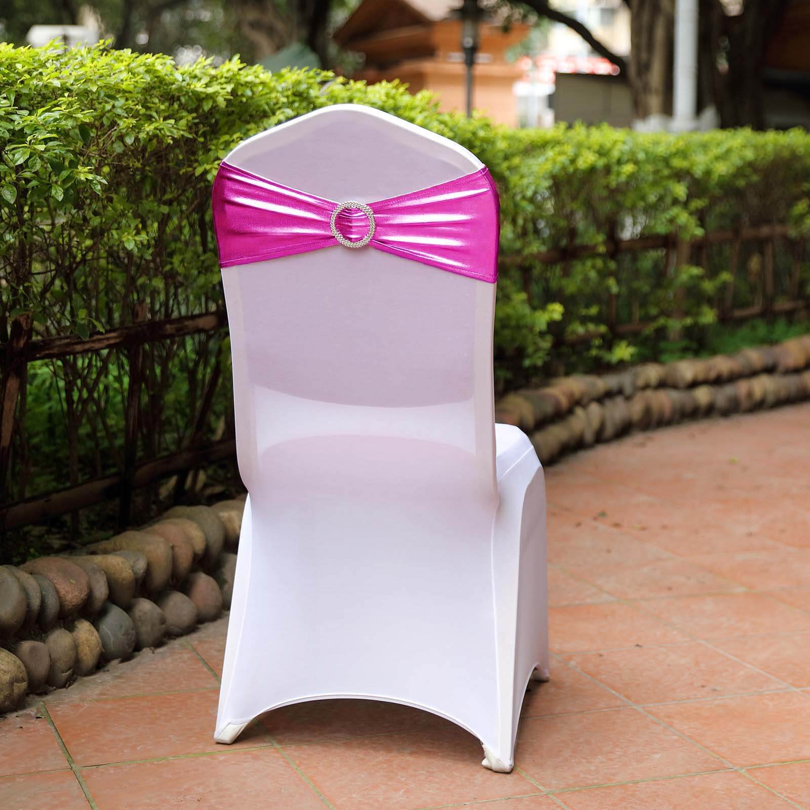 Hot Deal! 5-Piece Set of Fuchsia Metallic Spandex Chair Sashes with Round Diamond Plastic Buckles