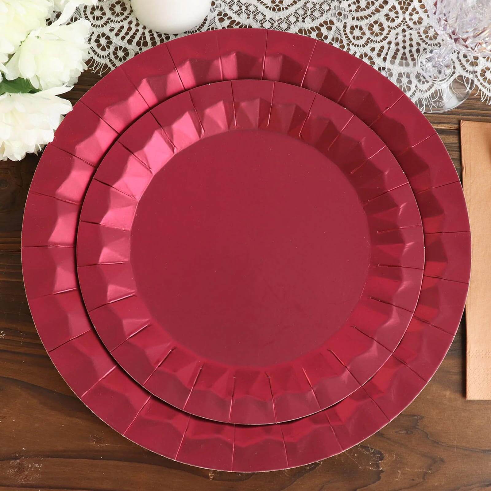 25-Piece Set of 9-Inch Round Disposable Burgundy Paper Dinner Plates with Geometric Prism Rim, 400GSM