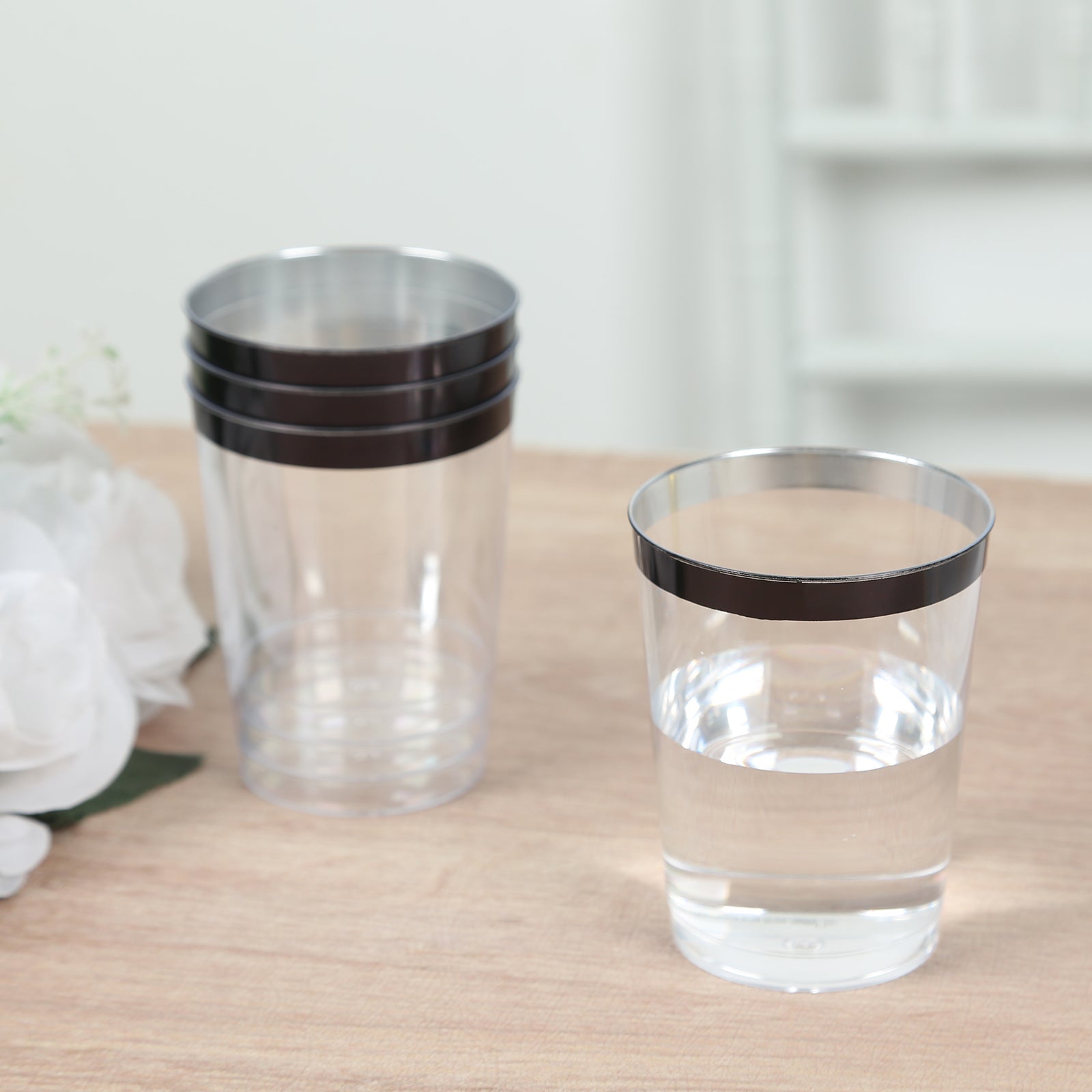 25-Piece Set of Clear Plastic Tumbler Cups with Stylish Black Rim - 10oz Disposable Party Glasses